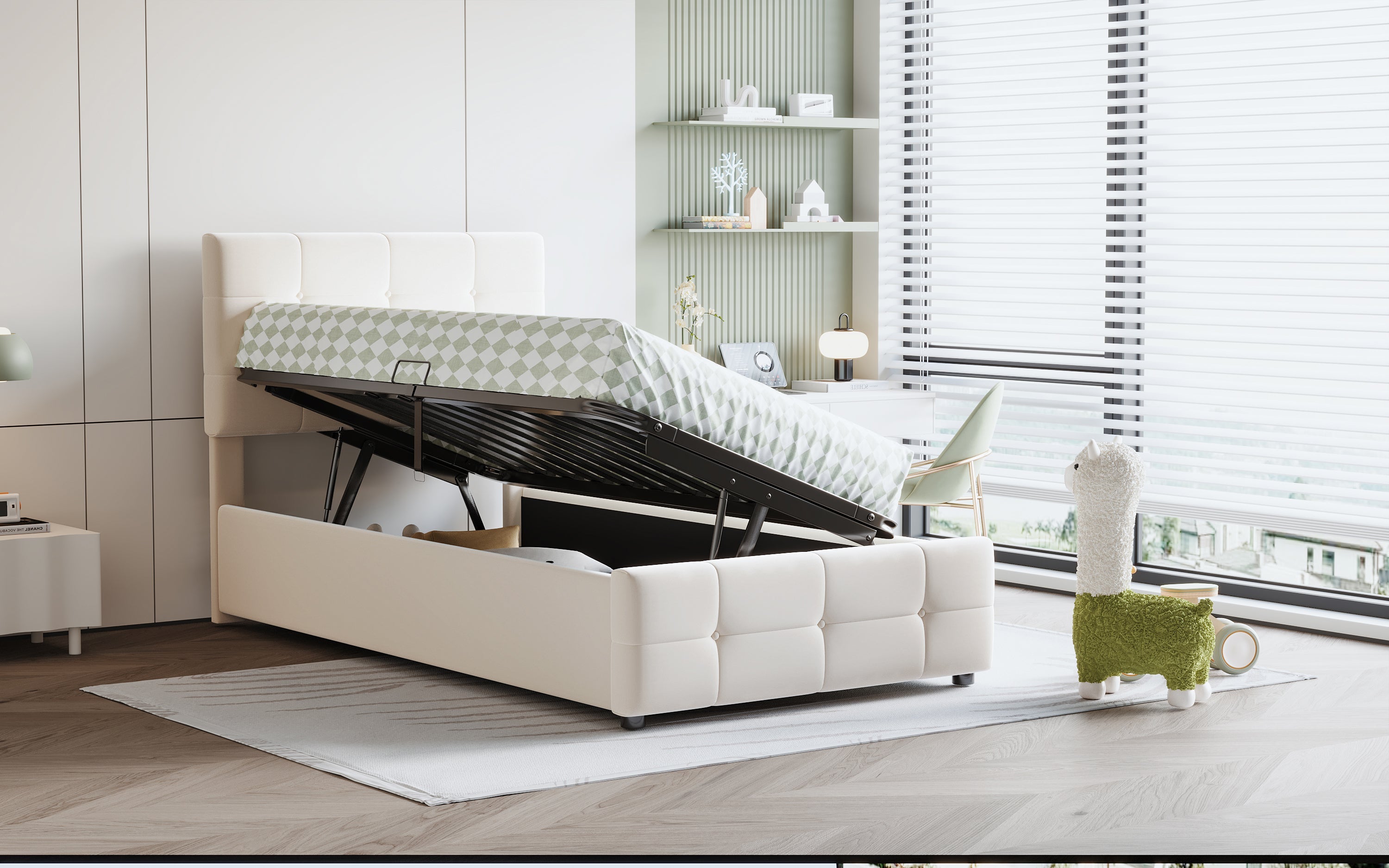 Logidon gestoffeerd bed 90x200cm beige fluwelen stof hydraulische opbergruimte
