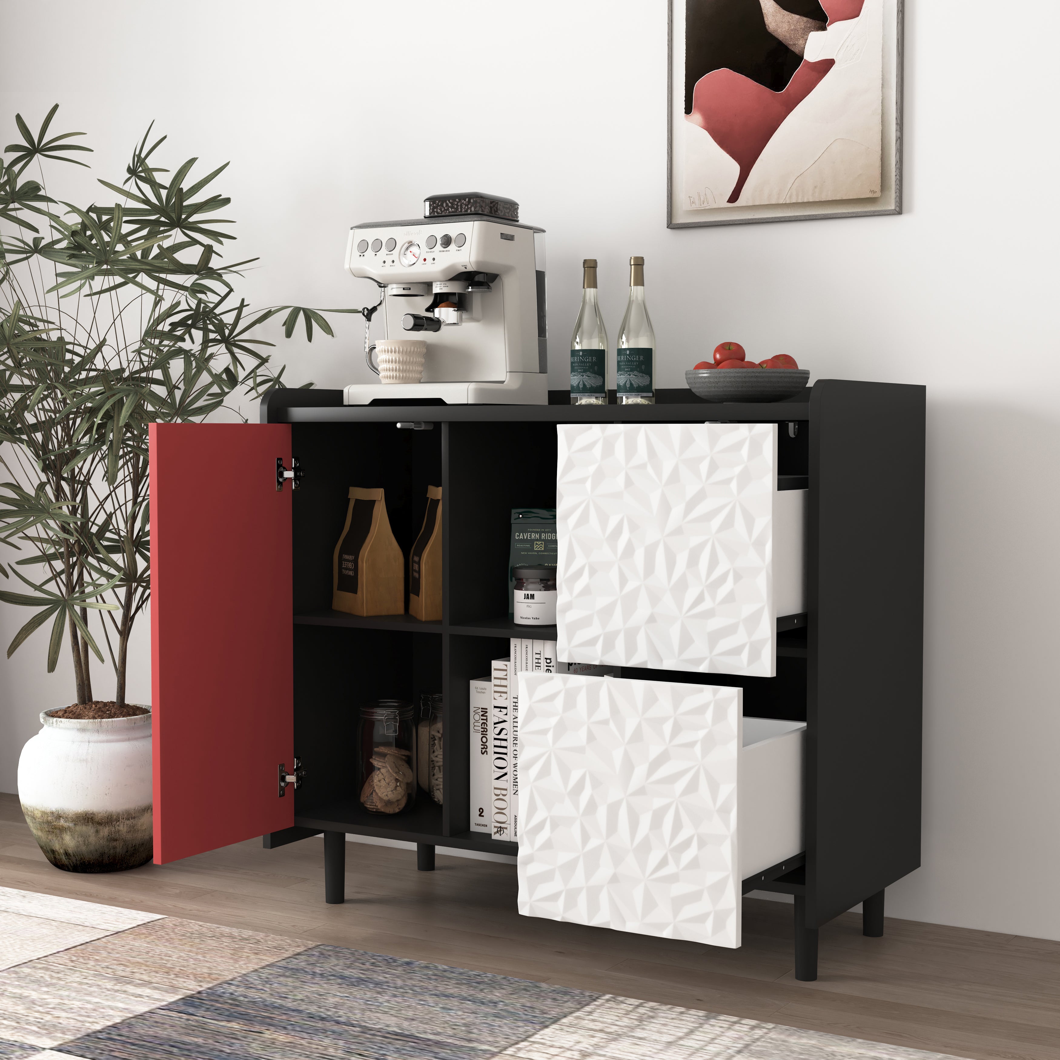 Logidon Dressoir Zwart Met Rode Deuren 2 Lades 90x40x80 cm