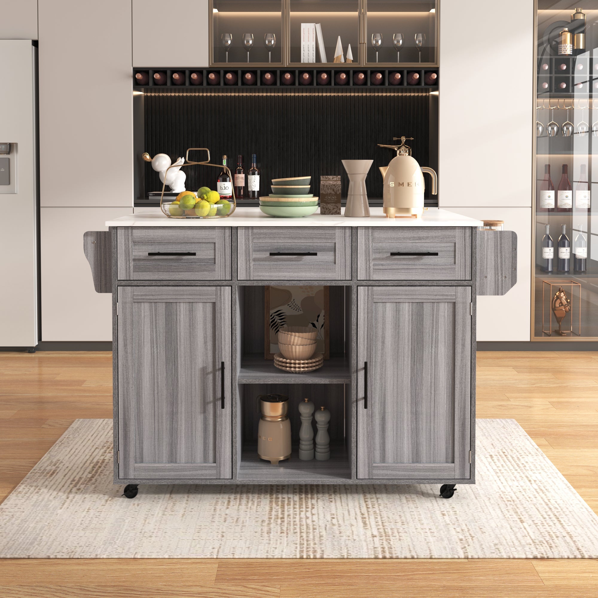 Logidon serving trolley gray wood look with folding table top and storage space