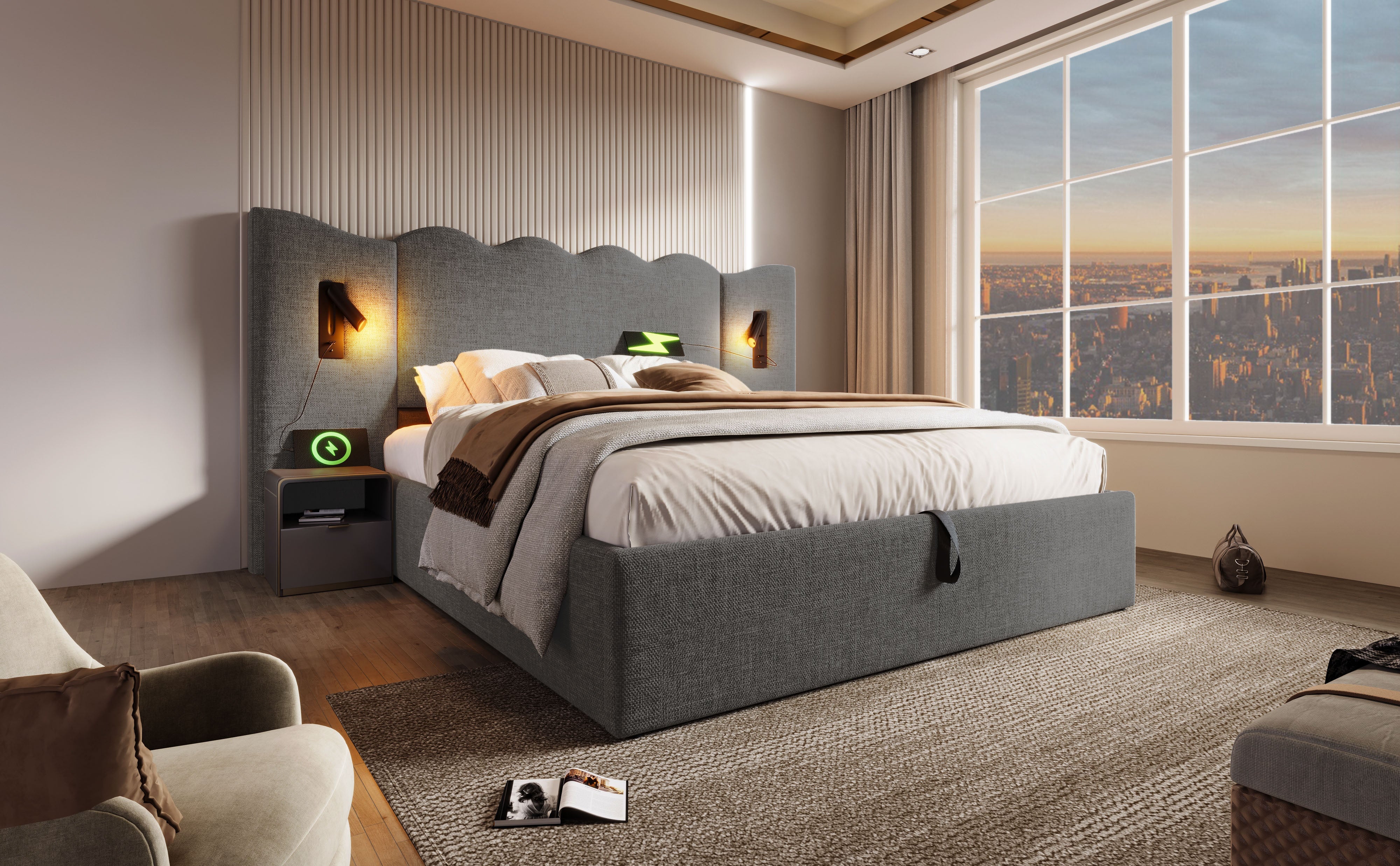 Logidon gestoffeerd bed 160x200 grijs linnen met USB Type C oplaadfunctie