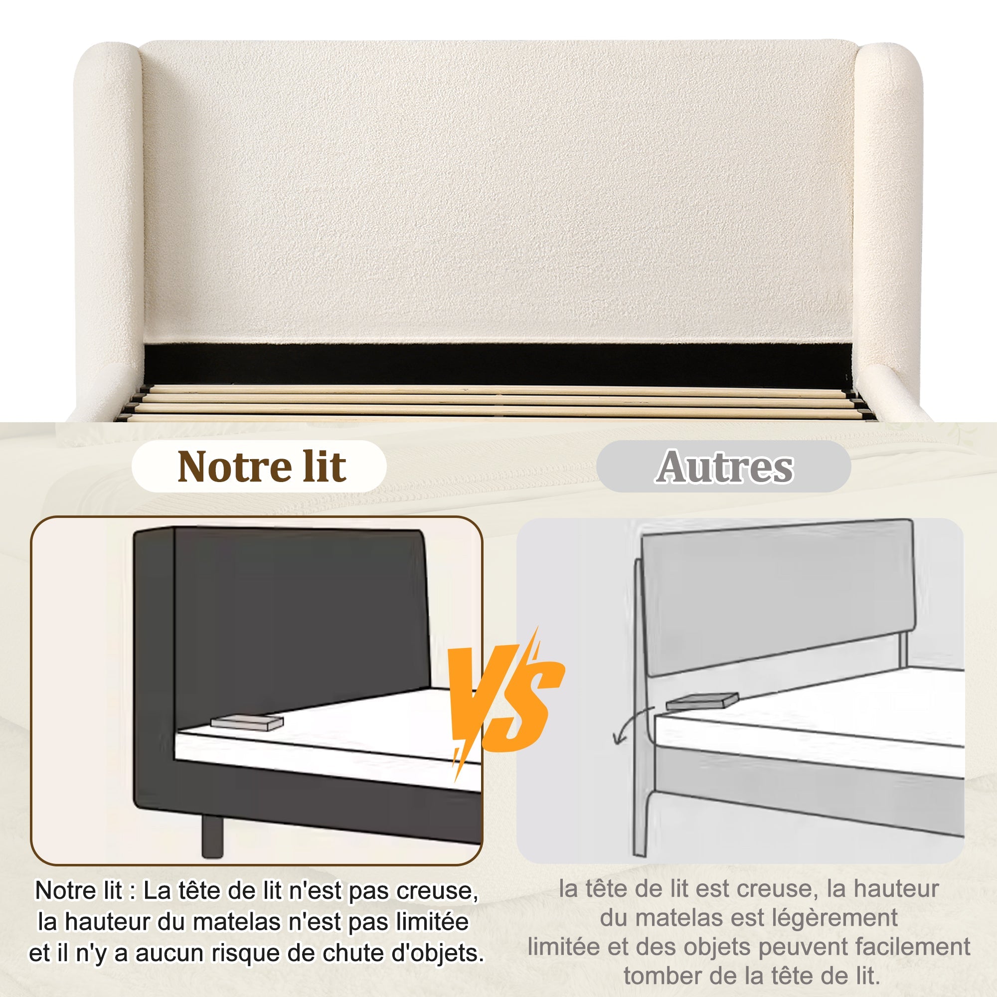 Logidon gestoffeerd bed tweepersoonsbed 160x200 beige bouclé met opbergruimte