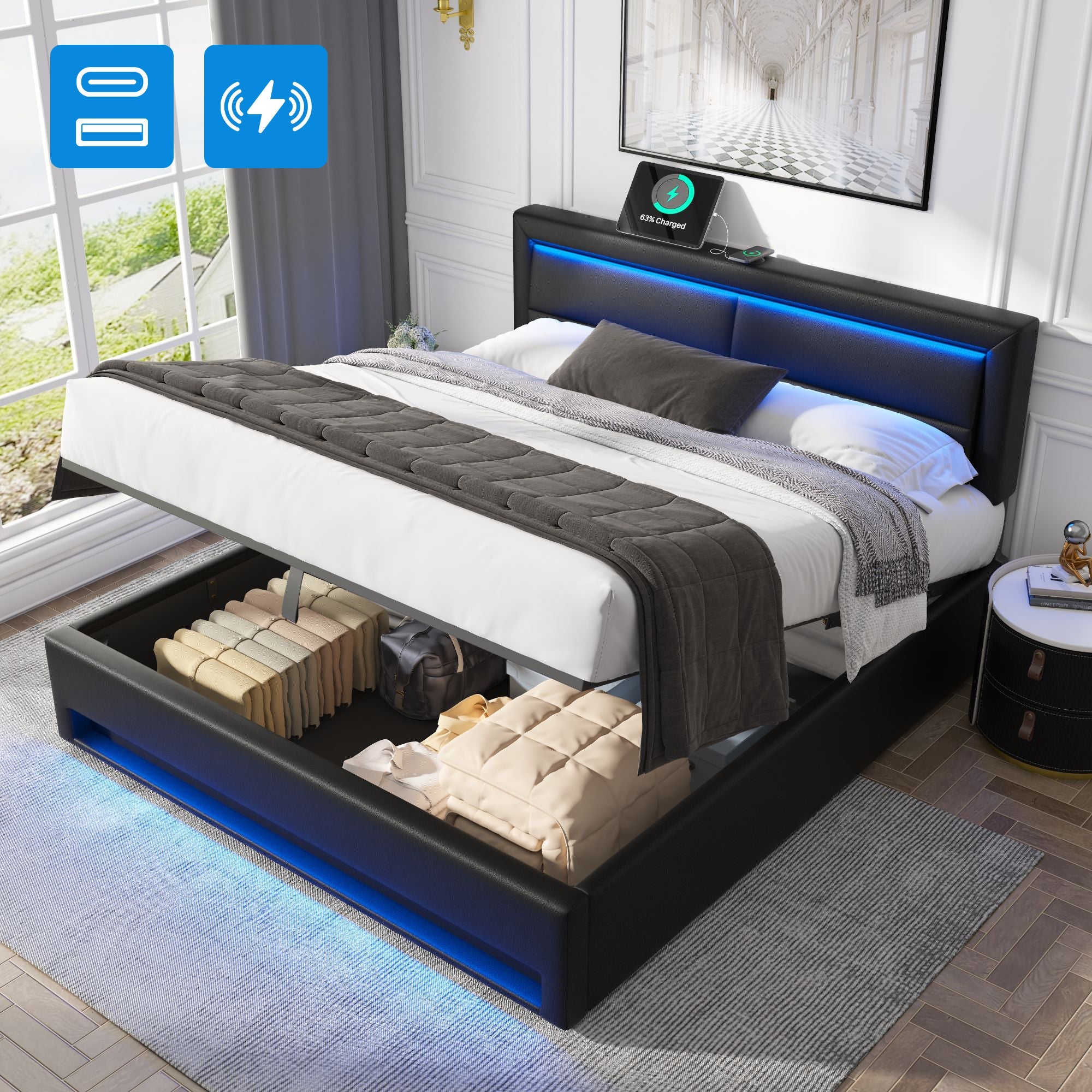 Logidon gestoffeerd bed 160 x 200 zwart USB oplaadpunten LED opbergruimte