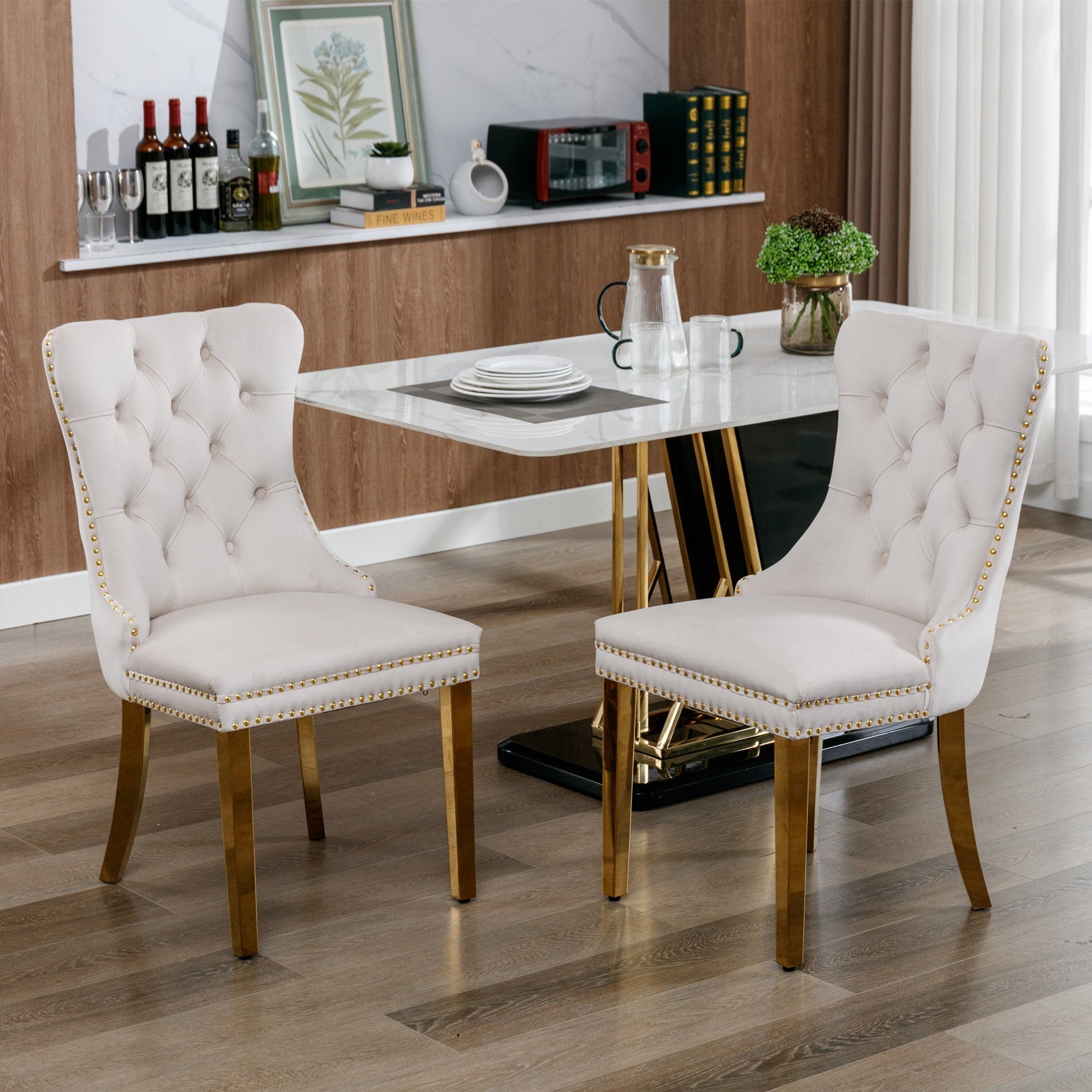 Logidon Nikki Collection Velor Chair Beige Golden Legs Set 2
