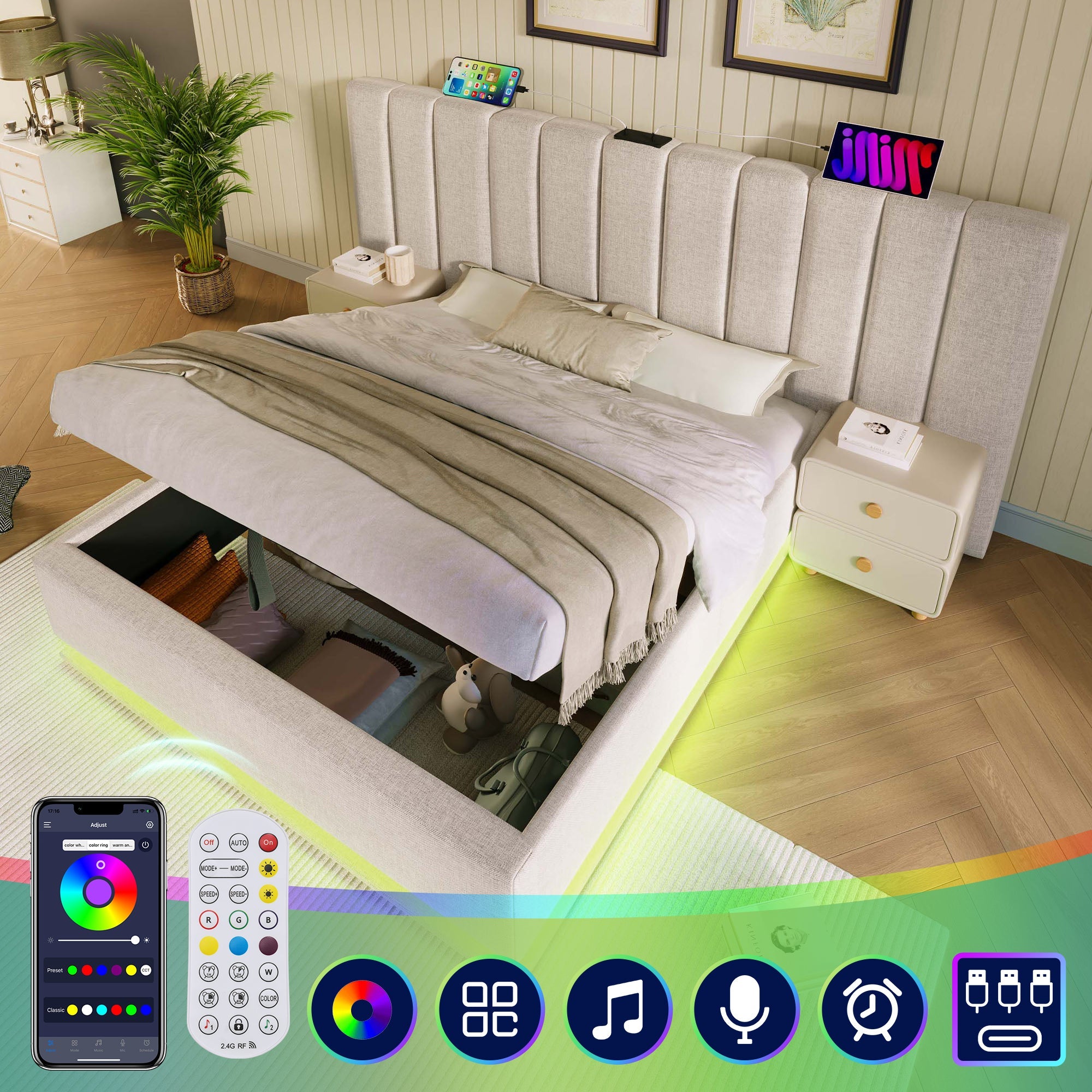 Logidon gestoffeerd bed 180x200 opbergruimte met LED USB oplaadfunctie beige