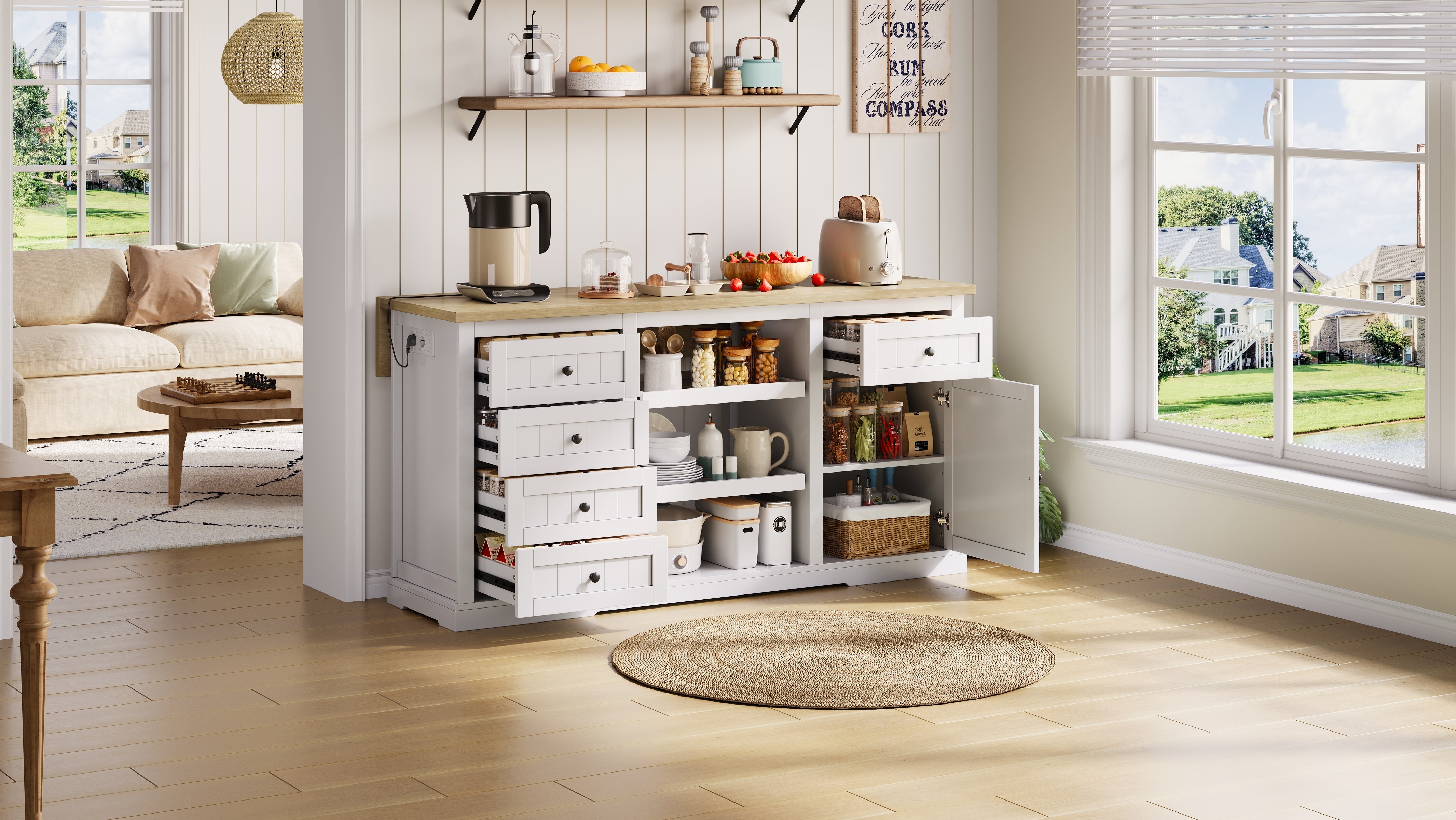 Logidon dressoir keukeneiland wit houten blad 5 laden 150x65x75 cm
