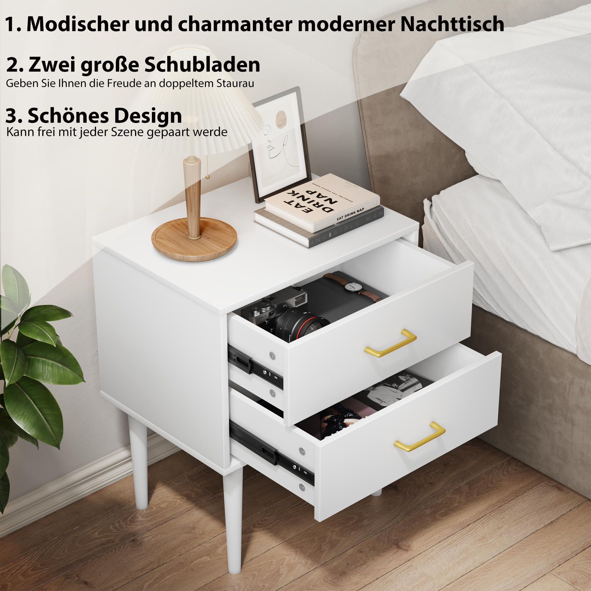 Logidon Wit Nachtkastje Met 2 Laden Modern MDF Design 50x37x67