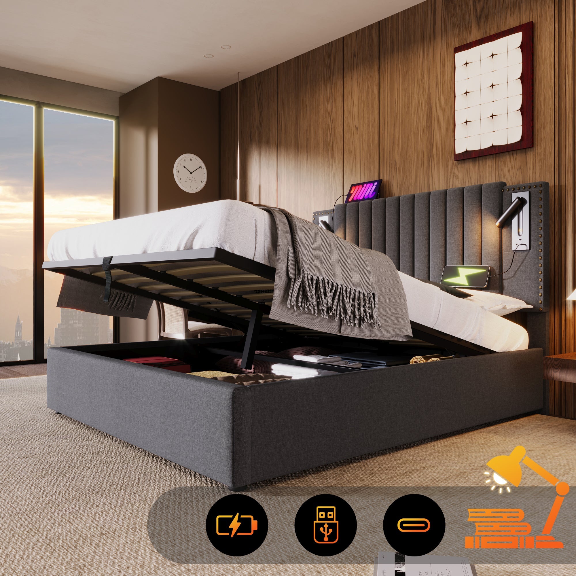 Logidon gestoffeerd bed 160x200 met opbergruimte bedbox LED-lampje USB opladen