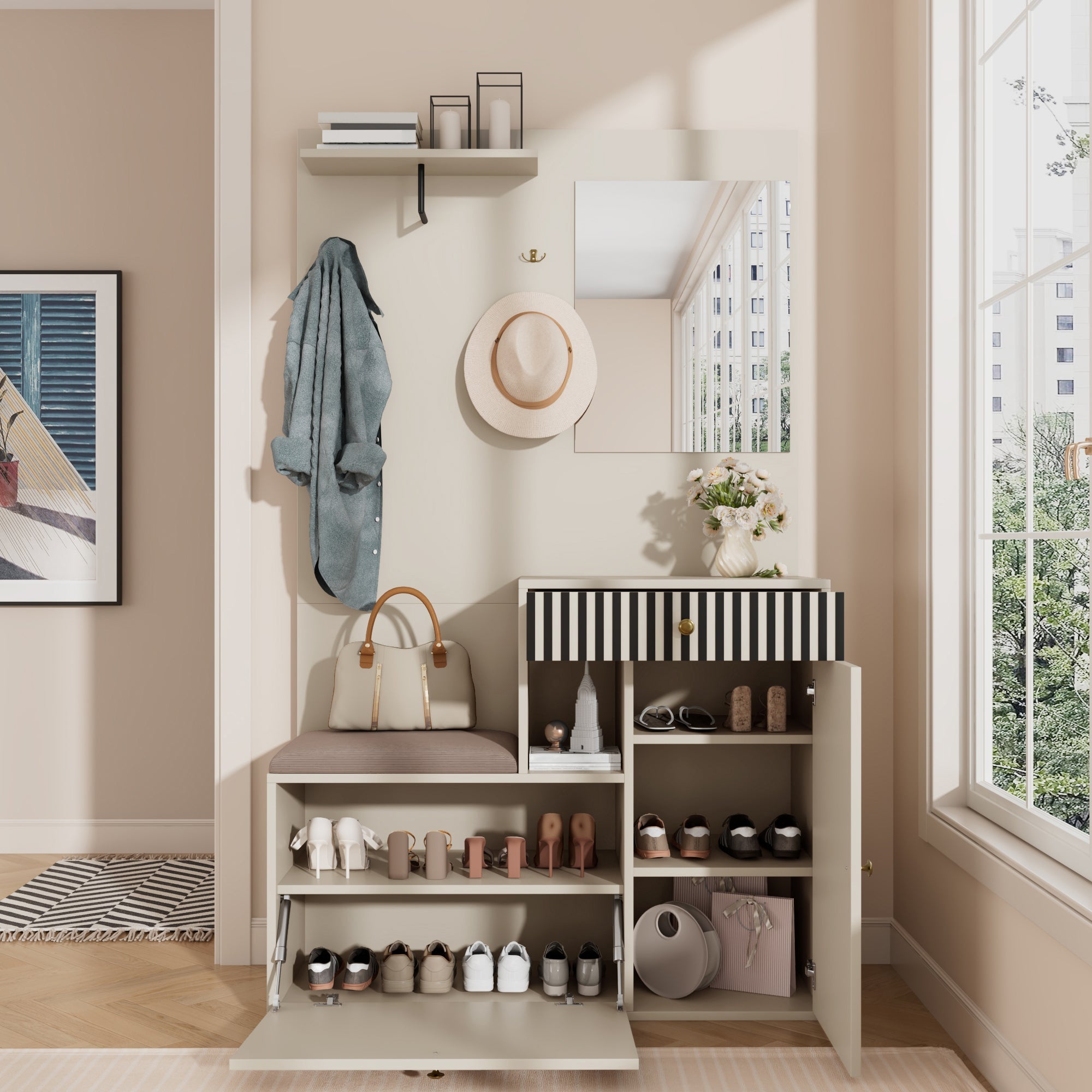 Logidon kledingkastset beige met spiegel en zitkussen 110x185x37 cm