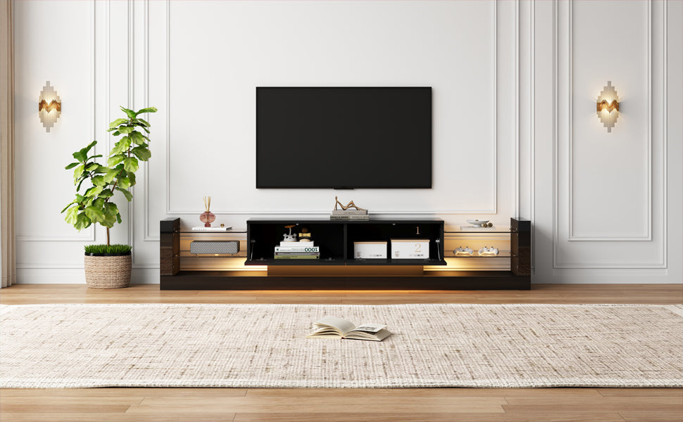 Logidon high-gloss TV cabinet 181 cm LED lighting black glass front
