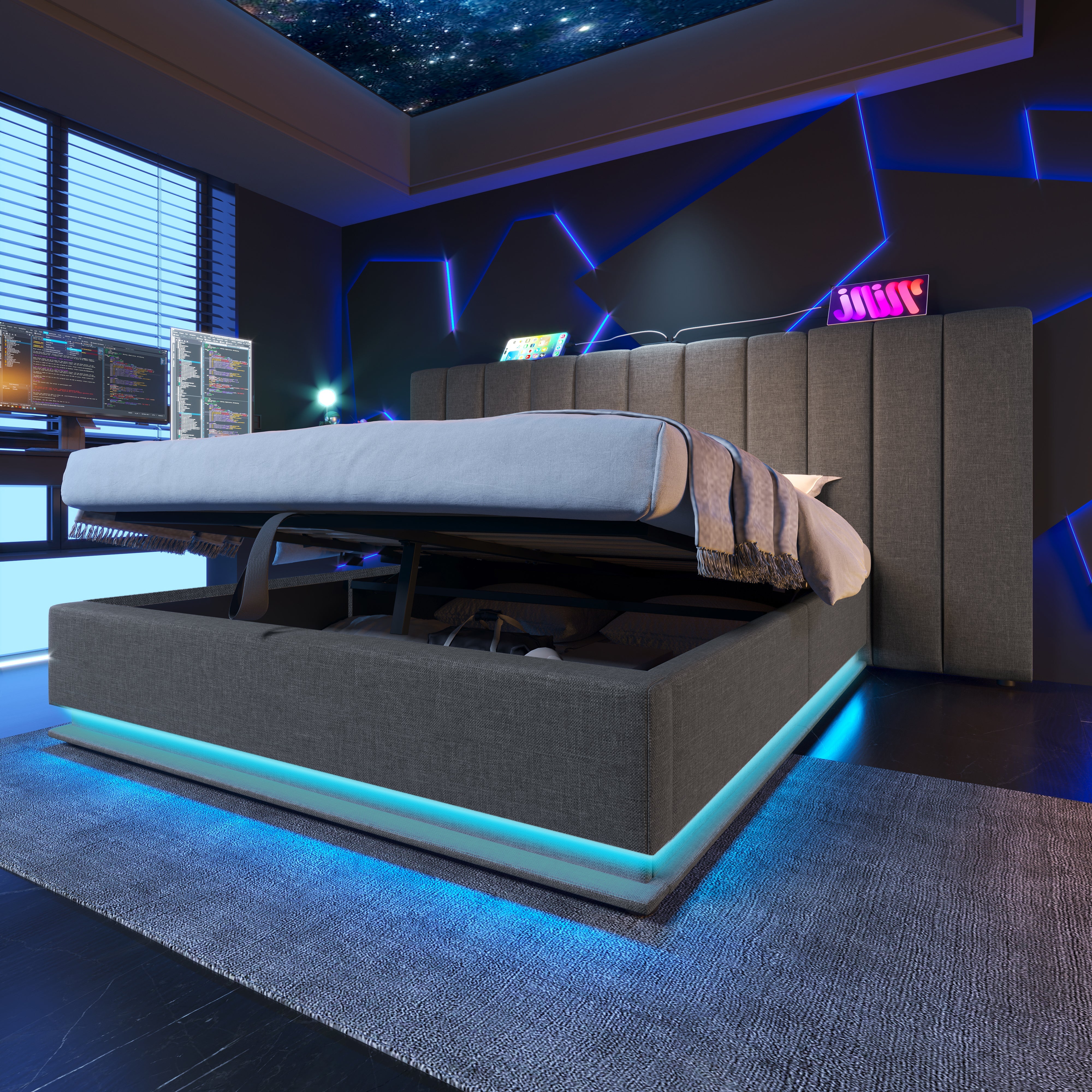 Logidon gestoffeerd bed 160x200 grijs met opbergruimte LED app bediening