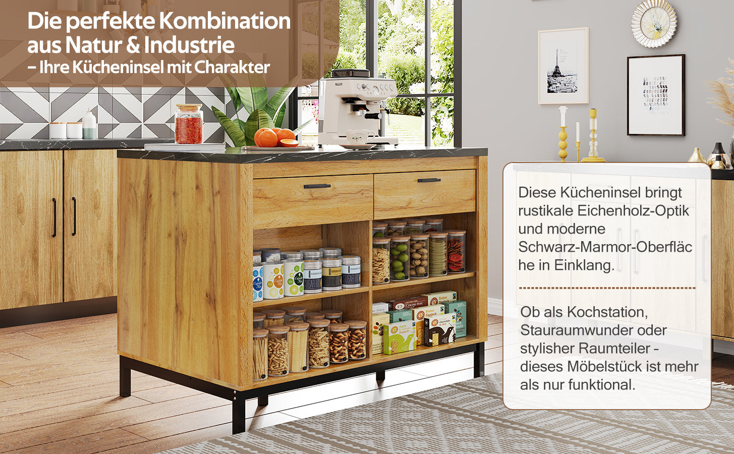 Logidon kitchen island country house style 120x75x90 cm with 2 drawers and 4 shelves