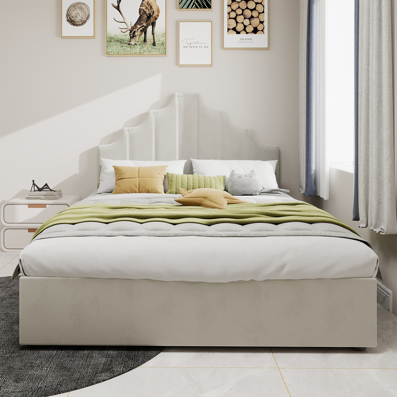 Logidon 160x200 cm stoffen bed beige hoofdbord met hydrauliek