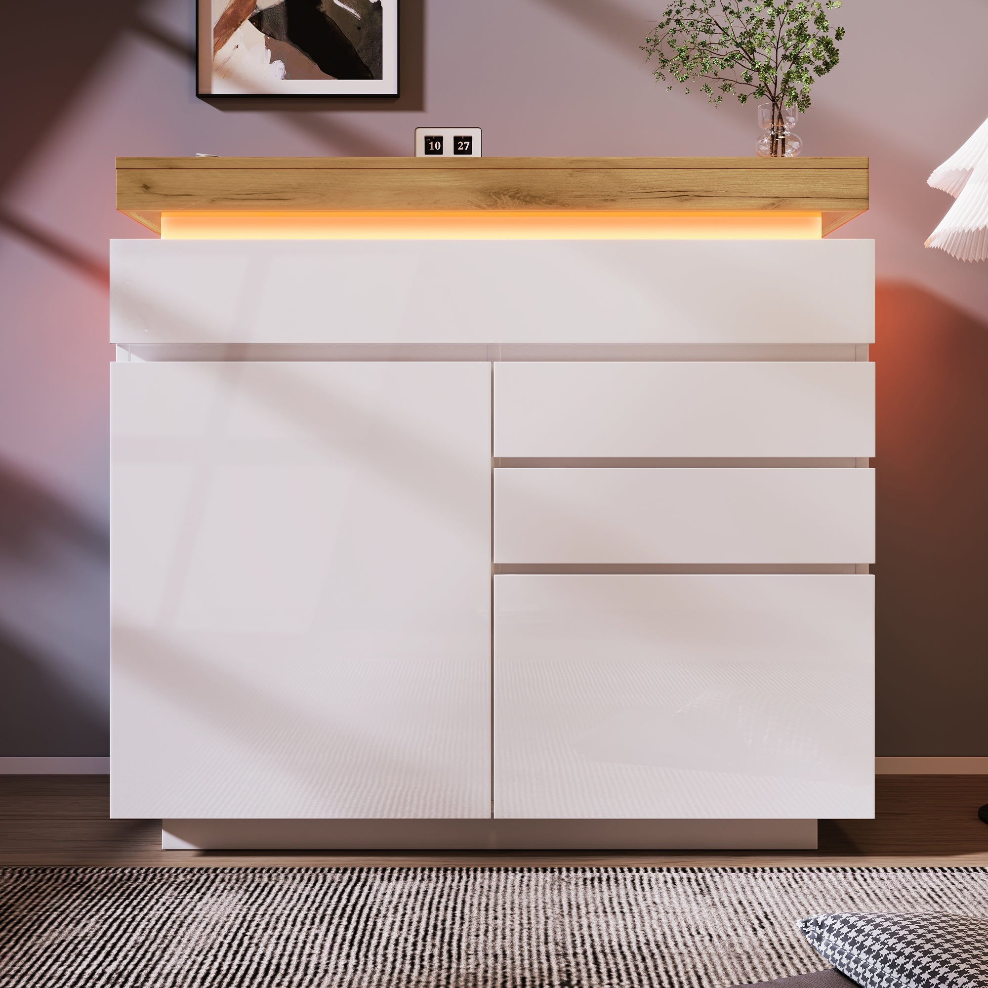 Logidon high gloss chest of drawers white LED lighting app control 2 doors