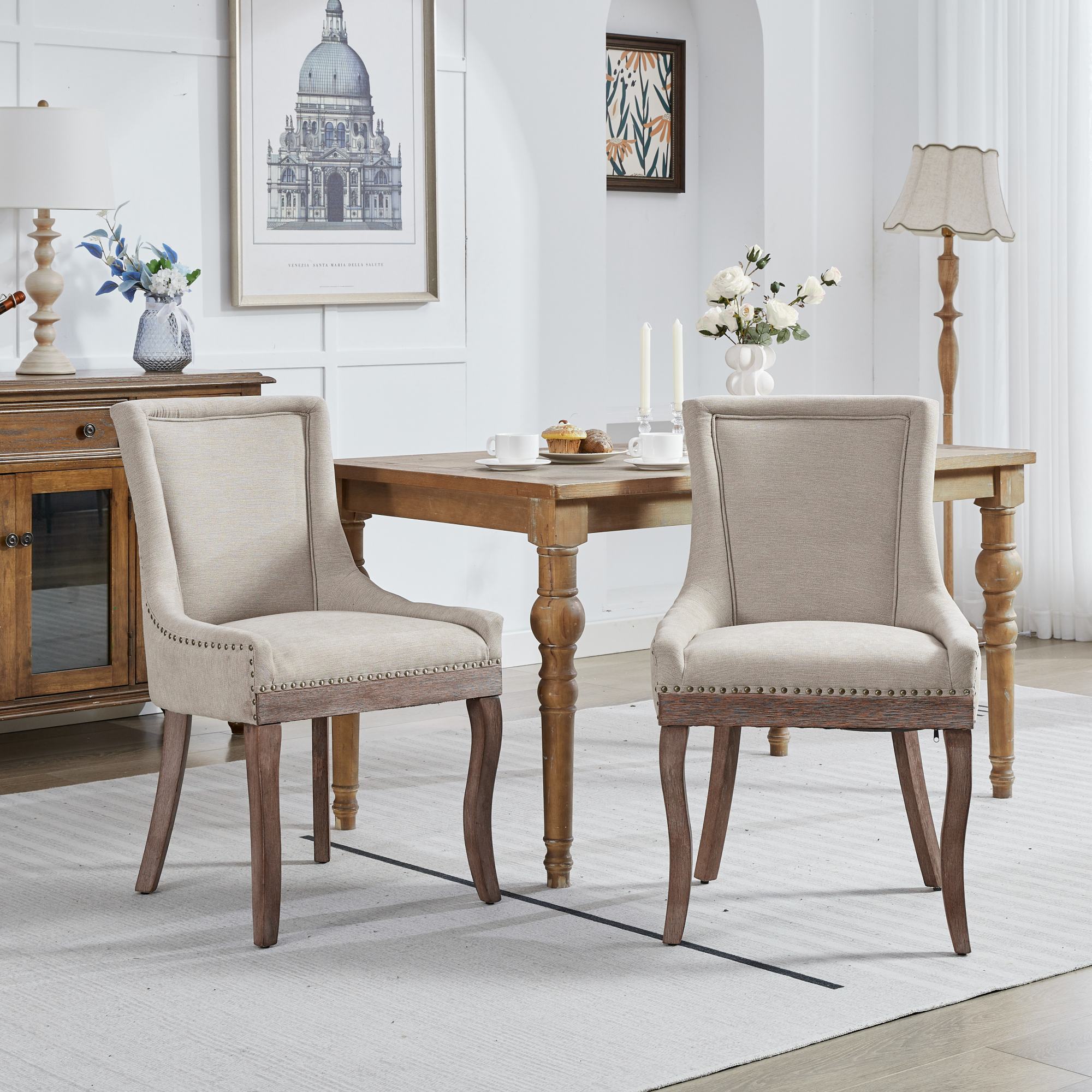 Logidon Ultra Side Dining Chair Beige set van 2 bronzen spijkerknoppen