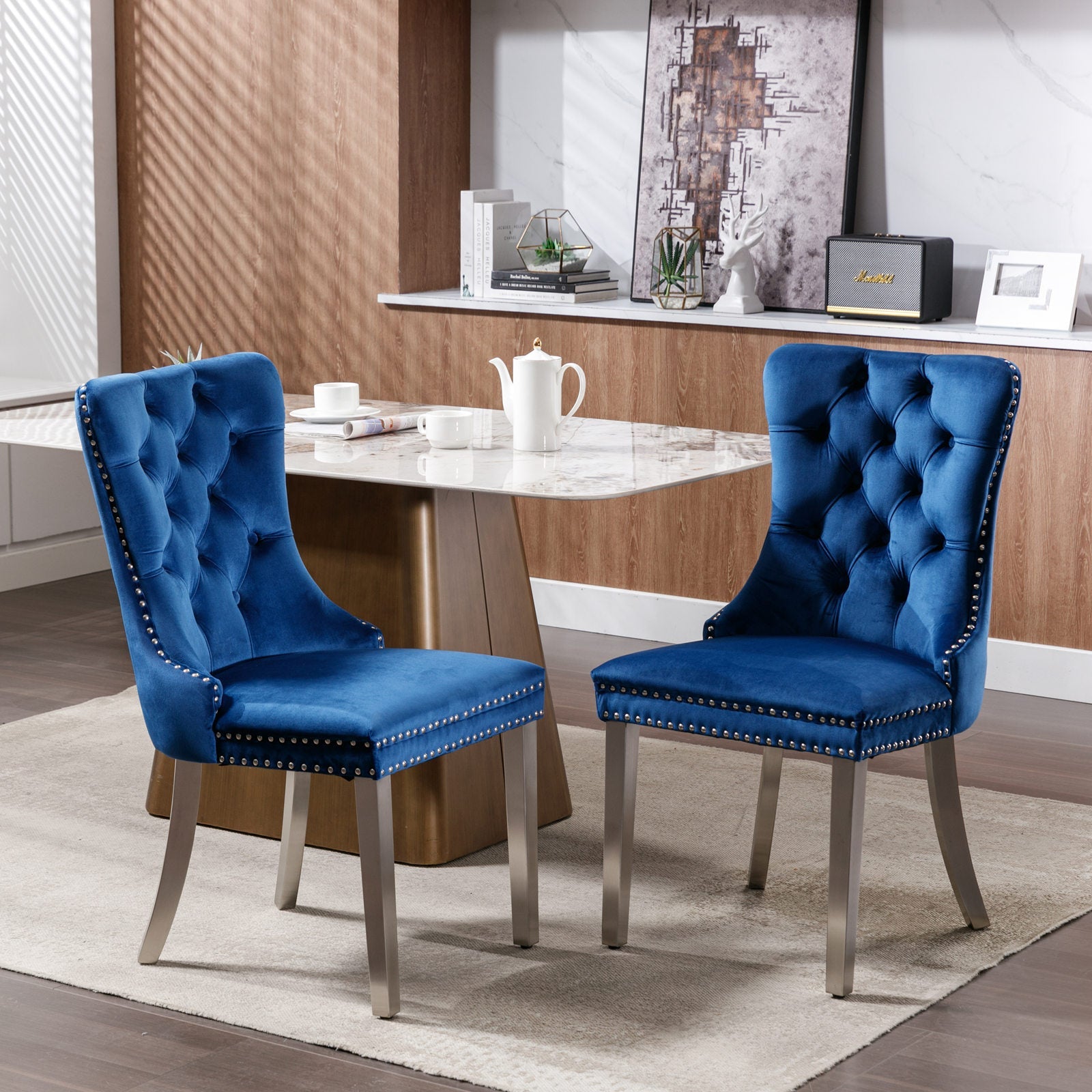 Logidon Nikki Eetstoel Blauw Fluweel Spijkerkop Chroom Voetenset 2