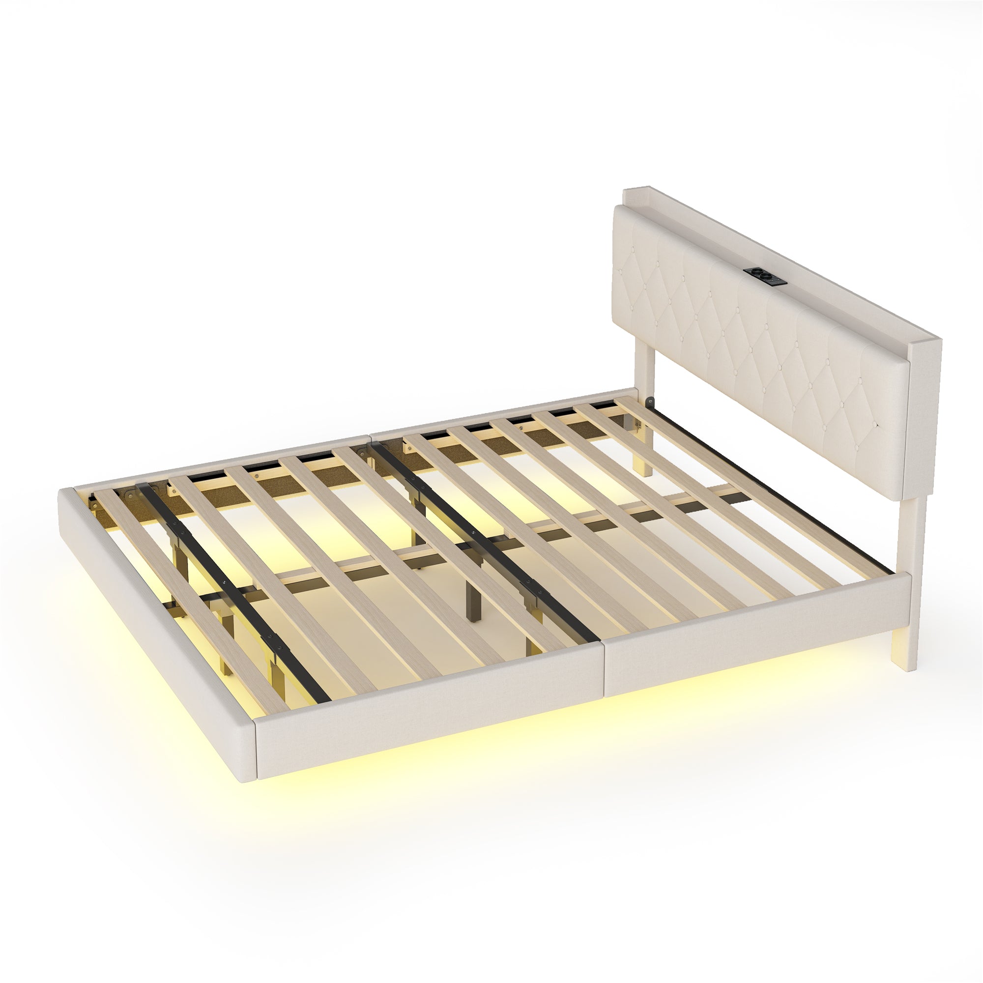 Logidon gestoffeerd bed 140x200 cm beige USB-oplaadpoort LED-lichtstrip