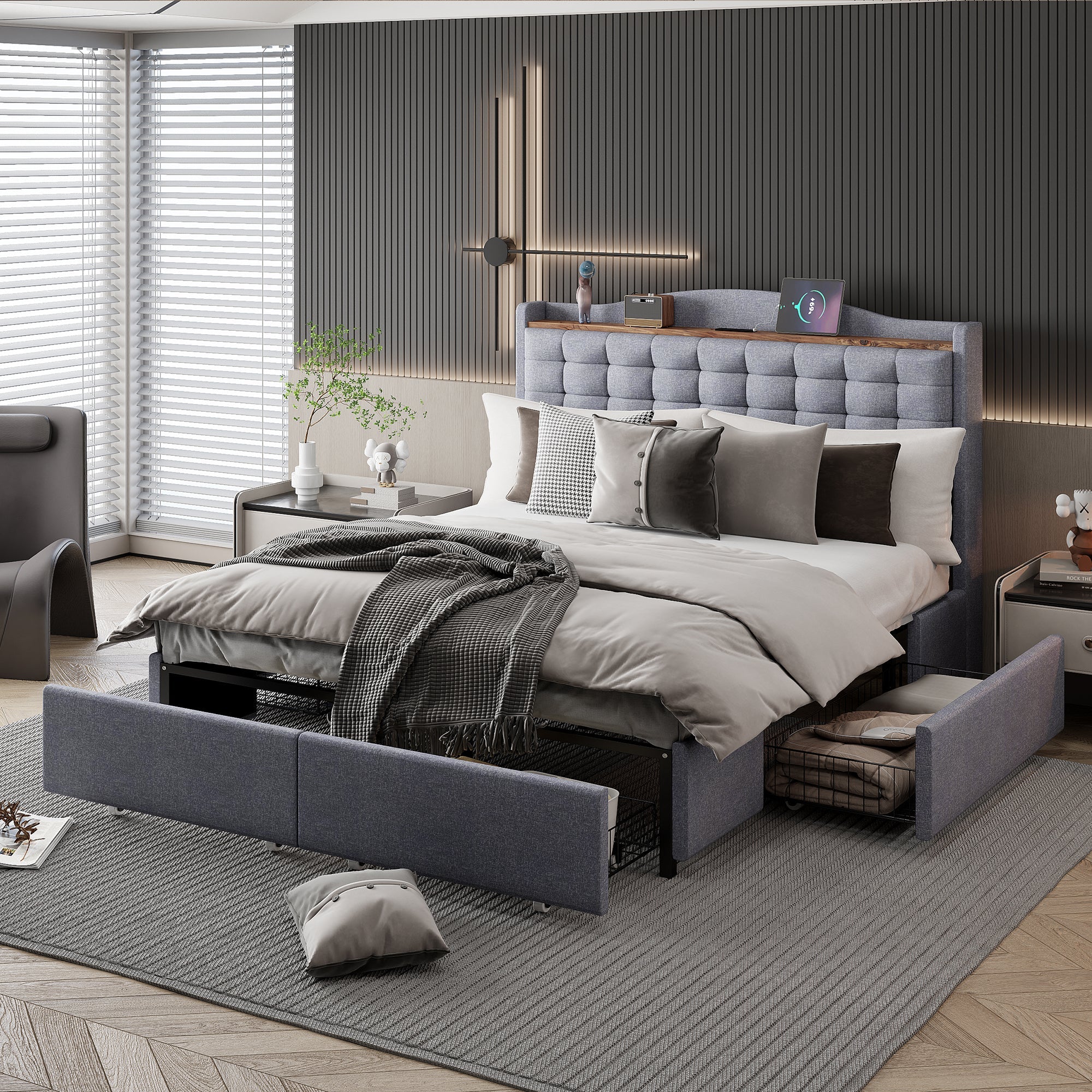 Logidon gestoffeerd bed 140x200 grijs linnen met USB-oplaadpoort