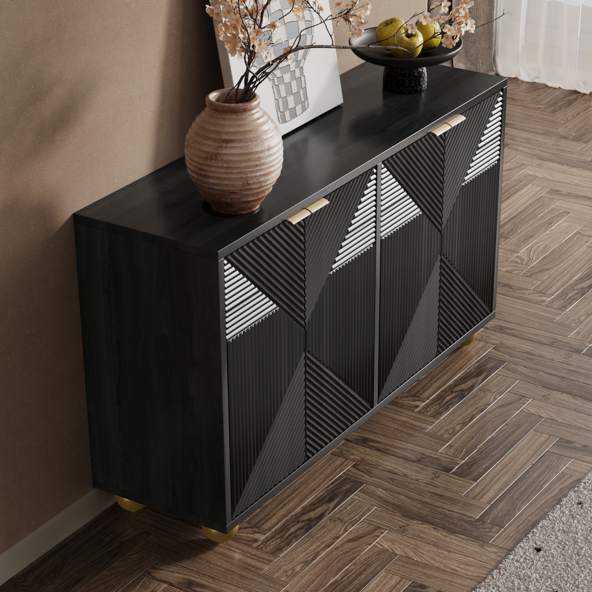 Logidon Dressoir 120 cm Zwart met Vier Deuren en Gouden Handgrepen