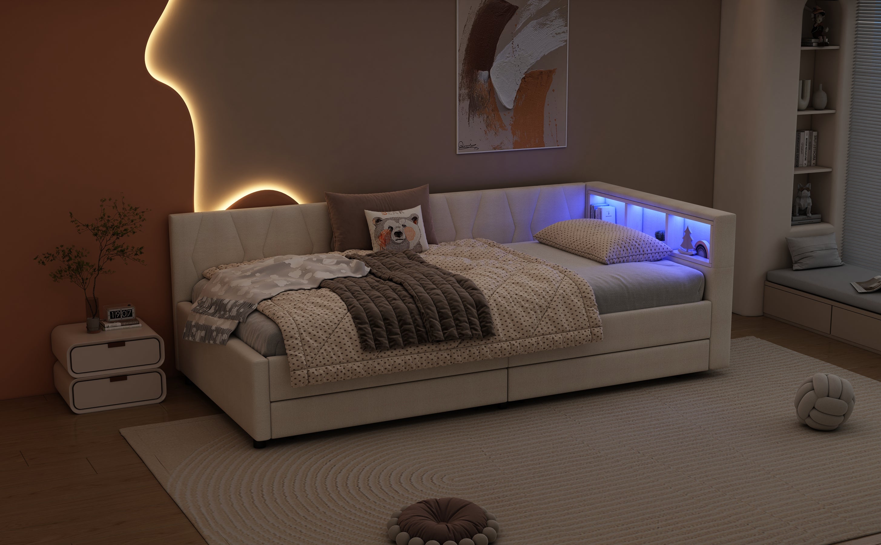 Logidon Dagbed 90x200 cm Beige Slaapbank Opbergvak met USB C LED