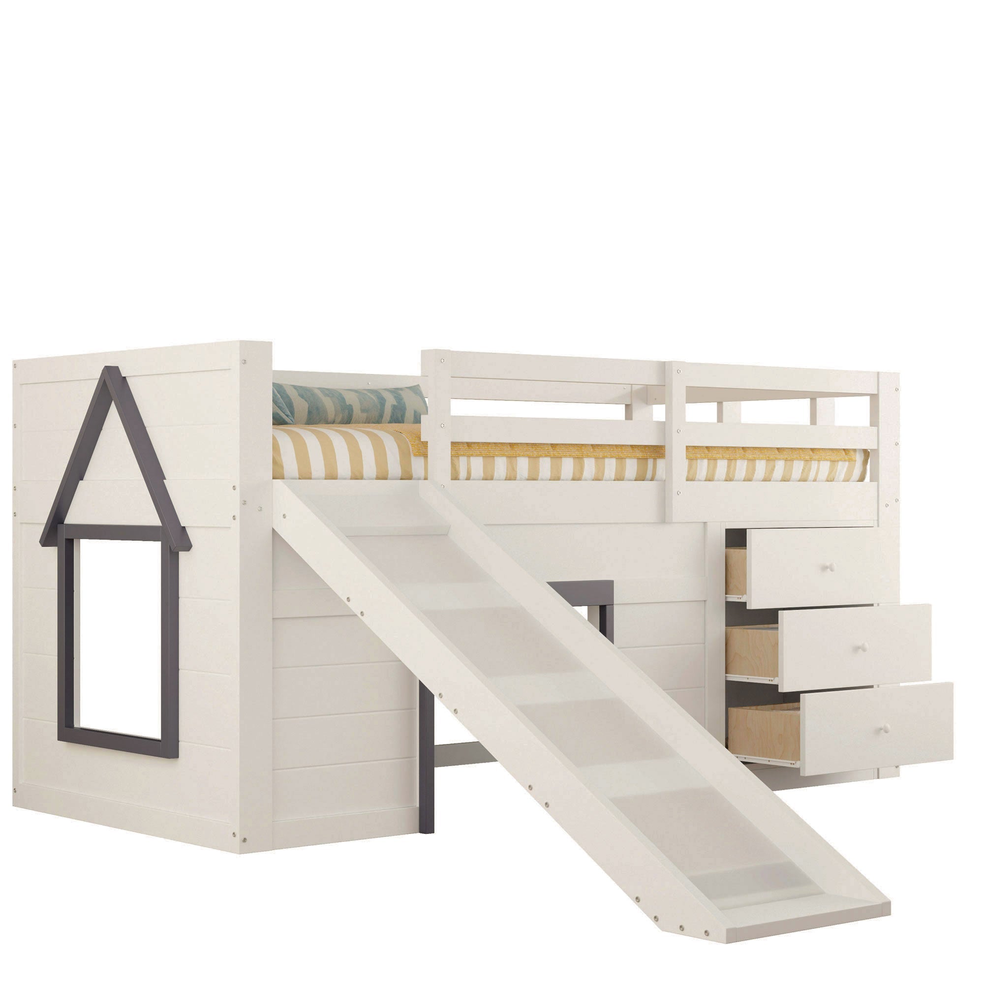 Logidon crème hoogslaper 90x200 met glijbaan, 3 lades, 2 deuren