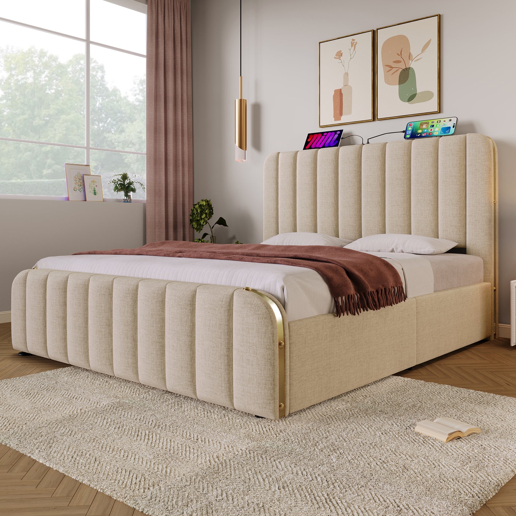 Logidon gestoffeerd bedhoofdeinde USB C oplaadfunctie 140x200 beige linnen