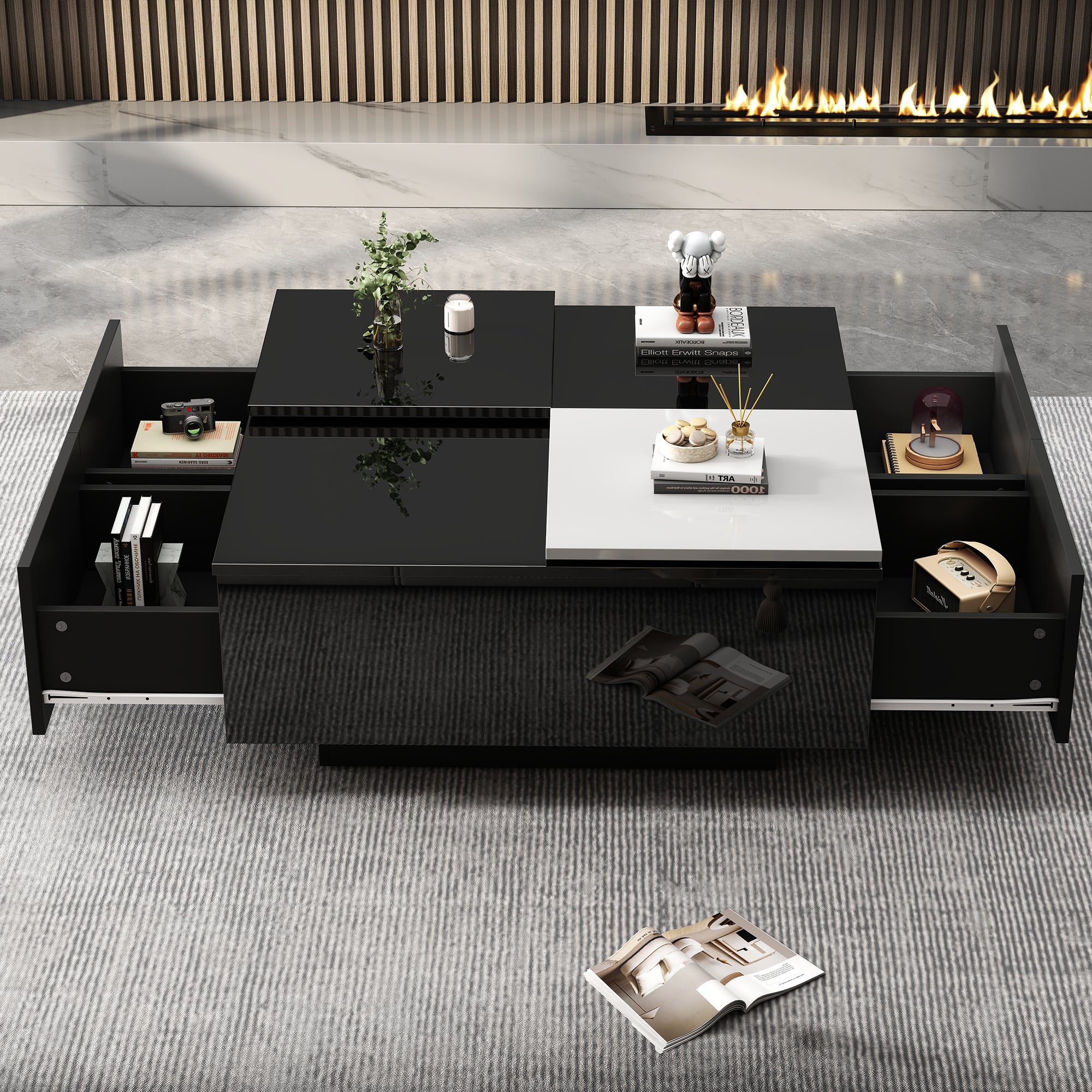 Logidon Hoogglans Salontafel Zwart Wit 75x75 Cm Met 4 Laden