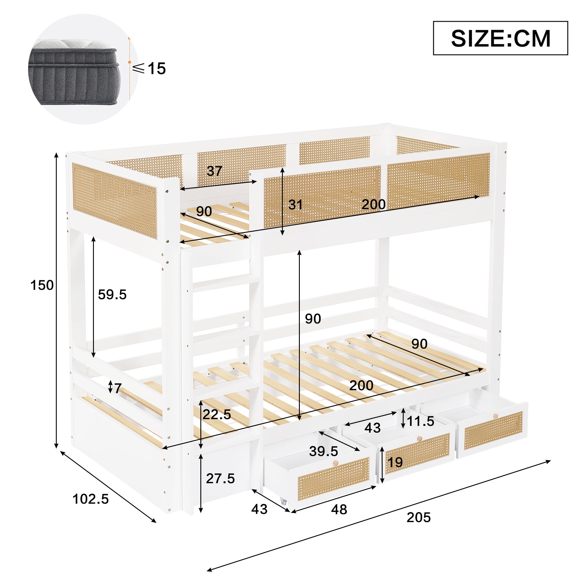 Logidon stapelbed 90x200 cm wit met rotan hekwerk drie lades