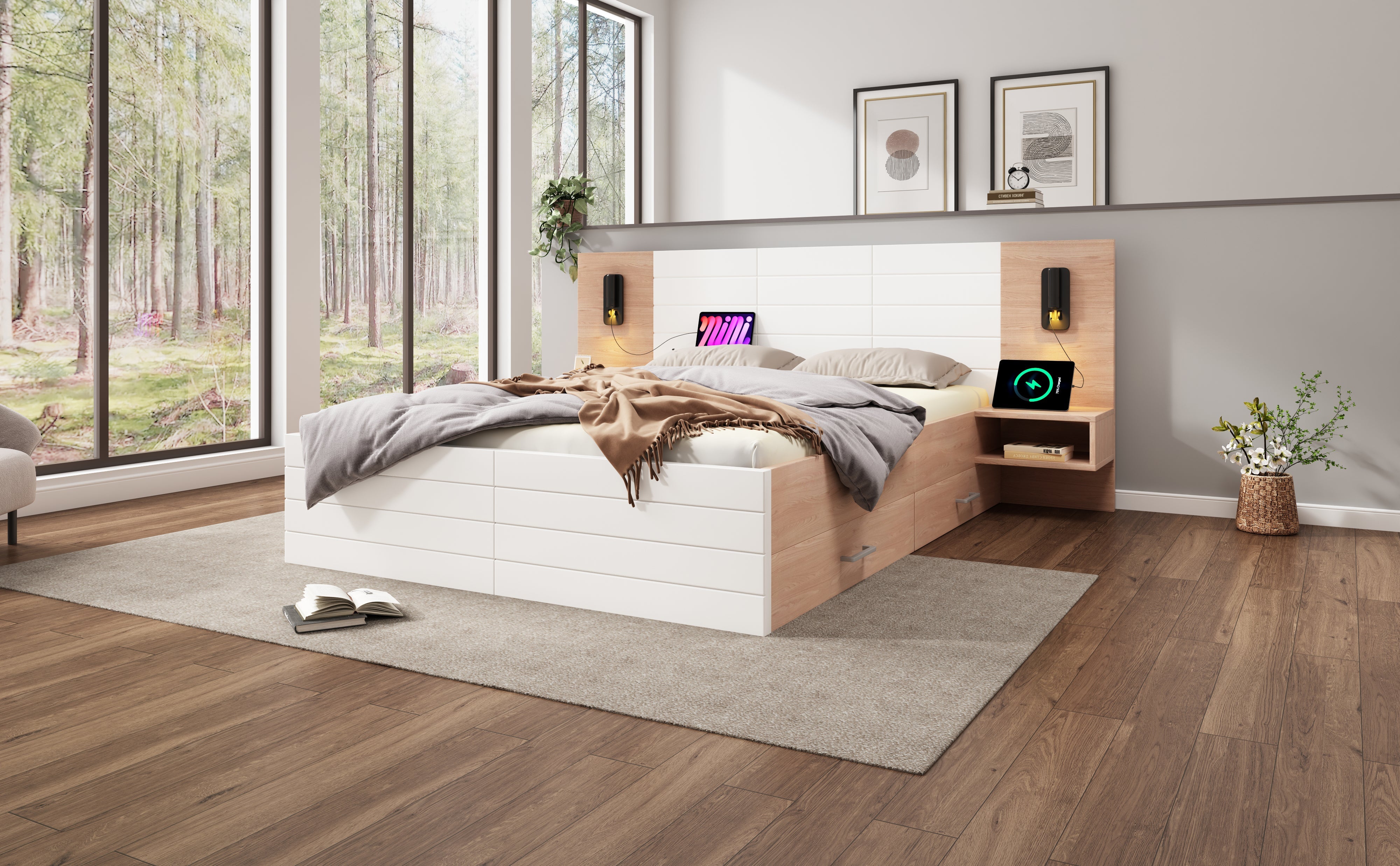 Logidon tweepersoonsbed 160x200 cm in wit eikenhout met 2 laden
