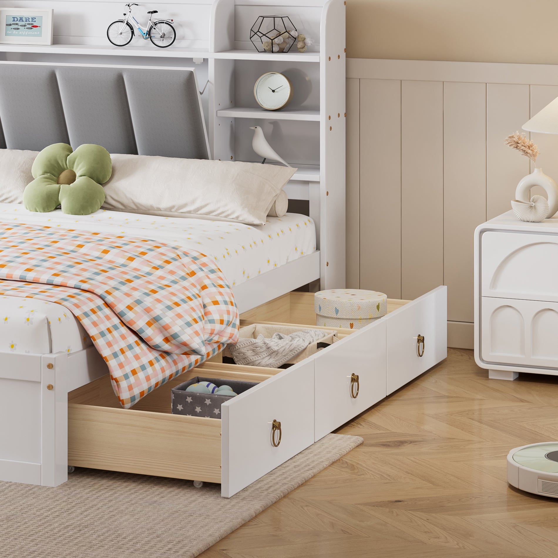 Logidon tweepersoonsbed 160x200 witgrijs, open plank en drie lades