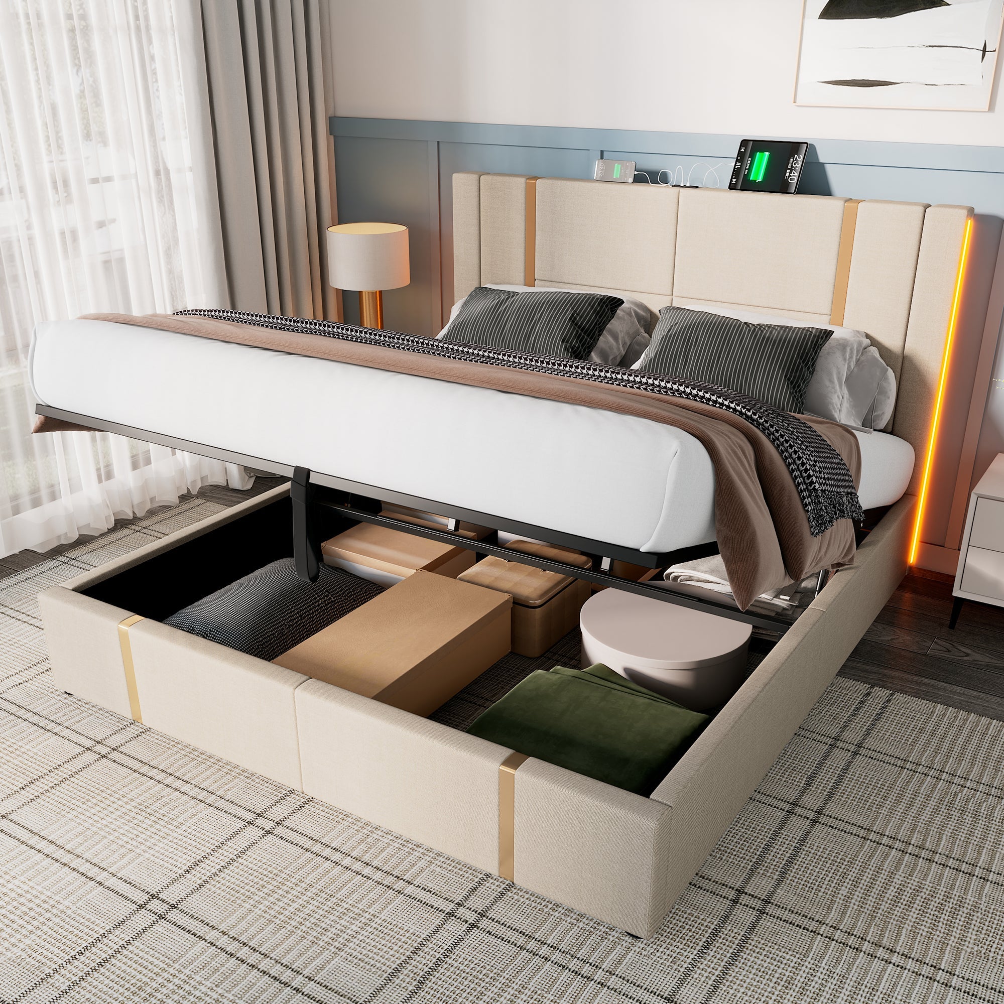 Logidon double bed 140x200 USB C charging function APP LED beige linen