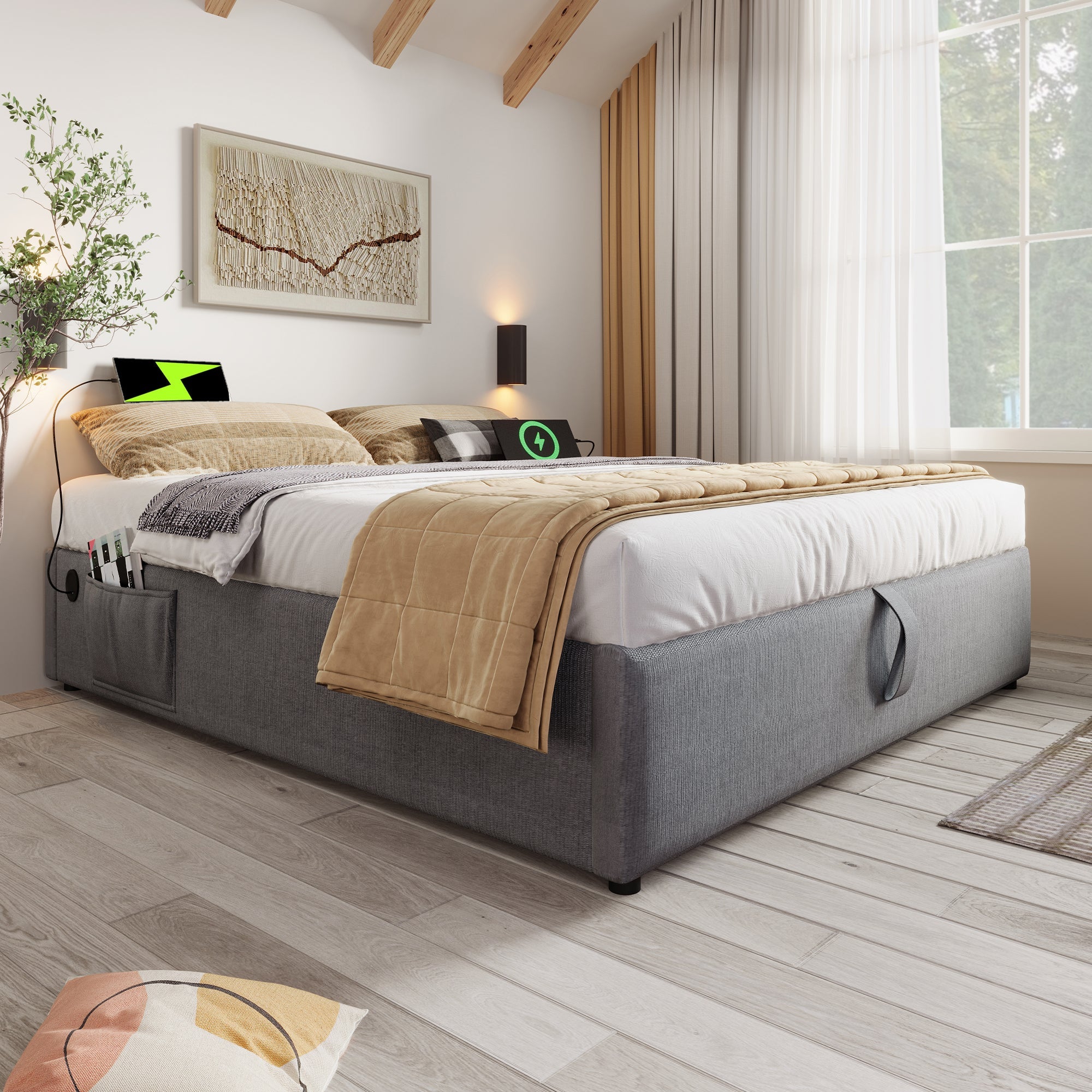 Logidon upholstered bed double bed 140x200 cm with USB C storage space gray