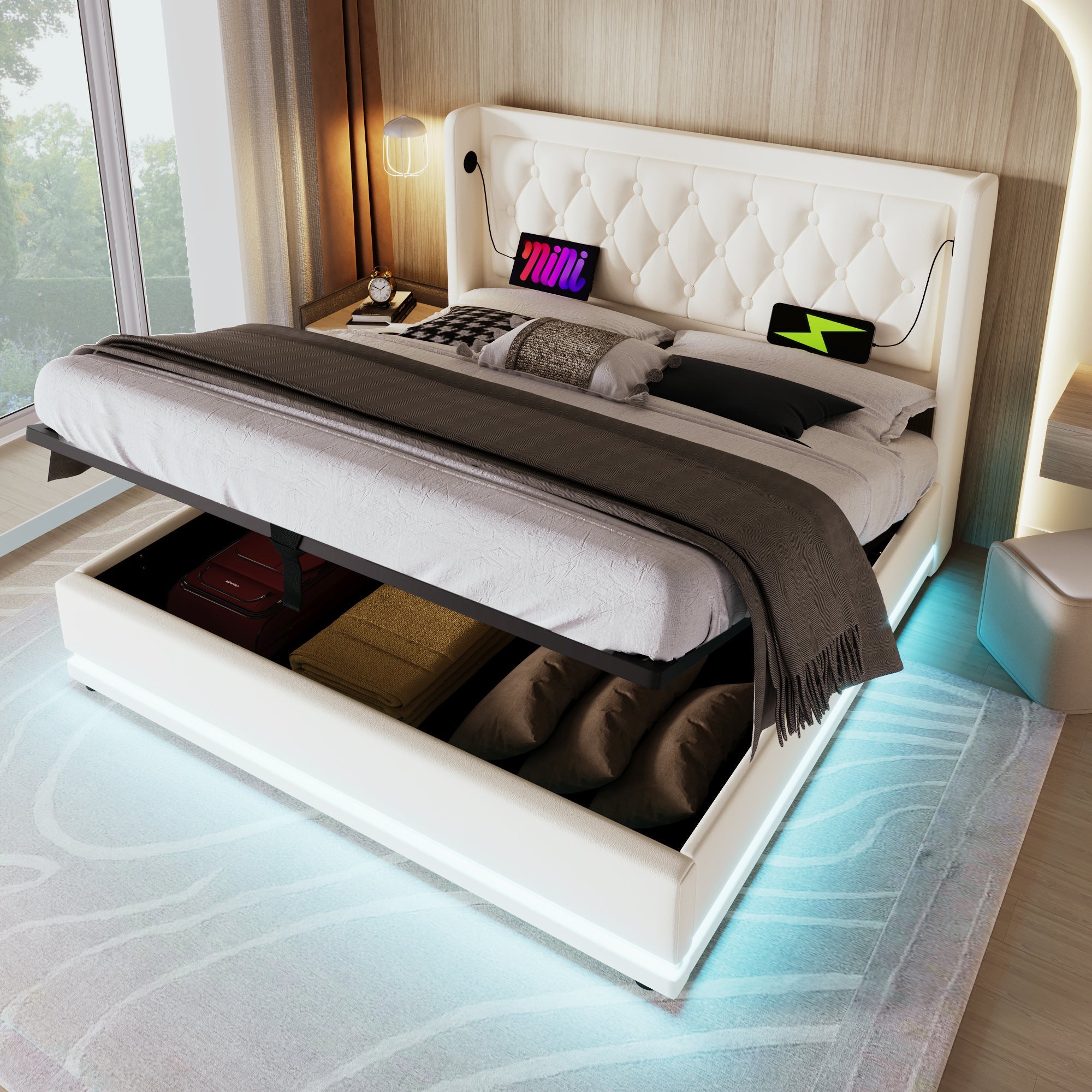 Logidon gestoffeerd bed 160x200 cm wit PU met USB Type C oplaadfunctie