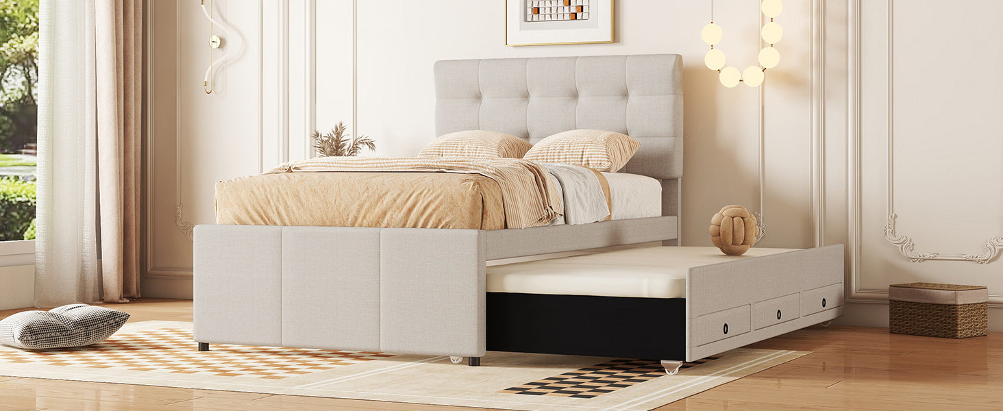 Logidon gestoffeerd bed 90x200 beige uitschuifbaar onderschuifbed 3 lades