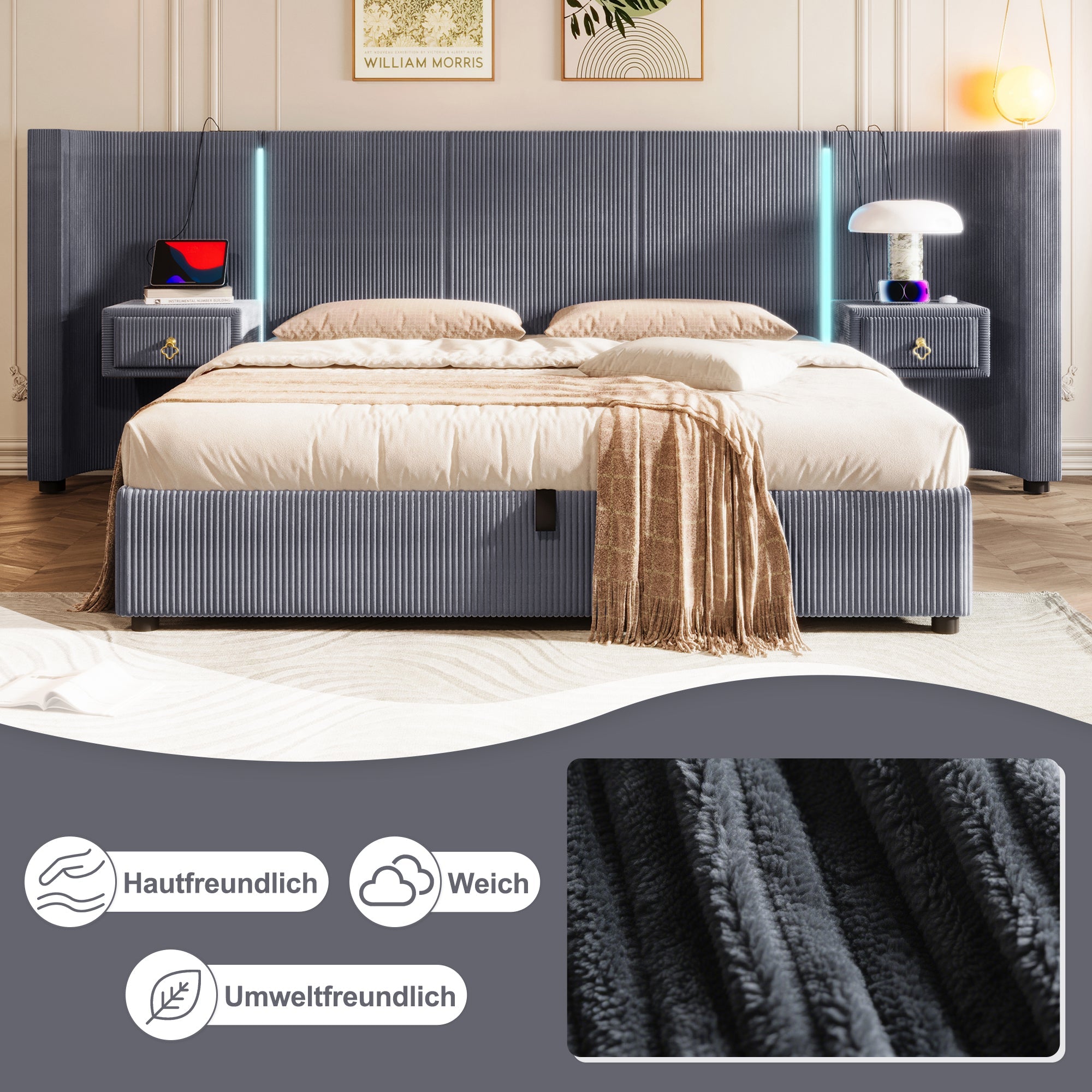 Logidon upholstered bed 180x200 cm gray velvet with LED strip storage space