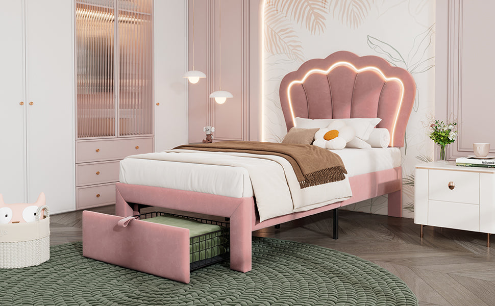 Logidon kinderbed LED 90x190 roze fluweel gestoffeerd bed met lades