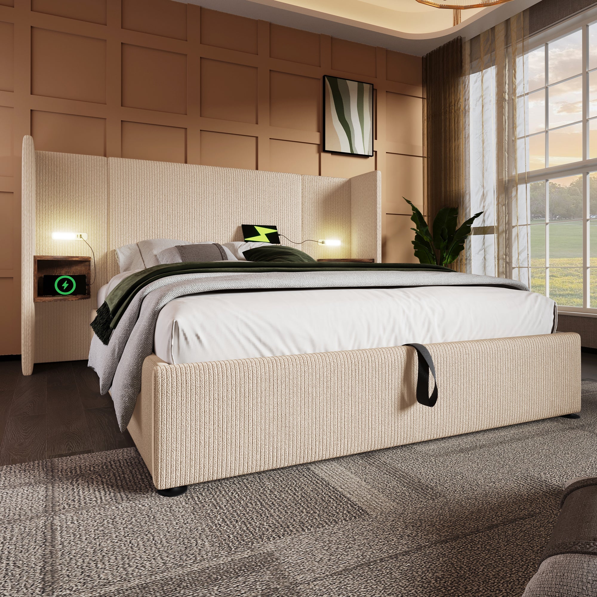 Logidon gestoffeerd bed 160x200 beige-wit met opbergruimte