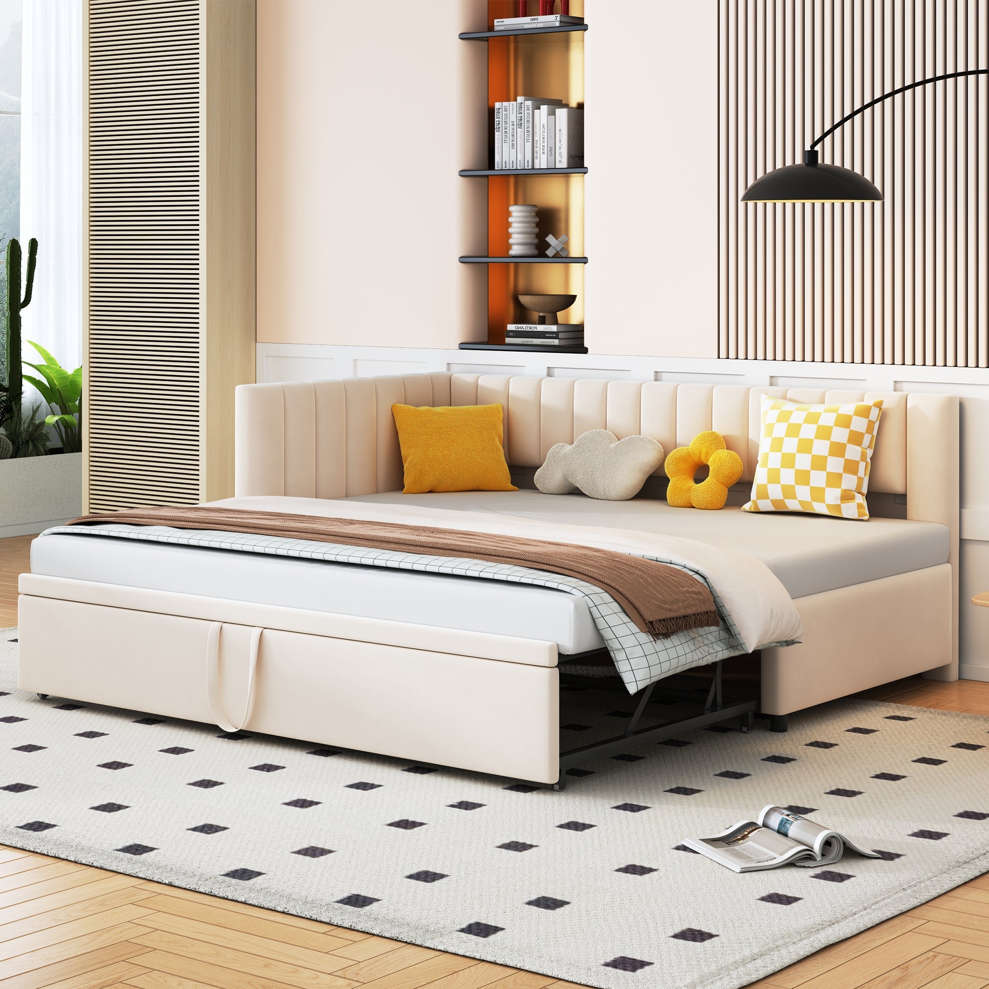 Logidon sofa bed L-shape beige velvet pull-out bed 90/180x200