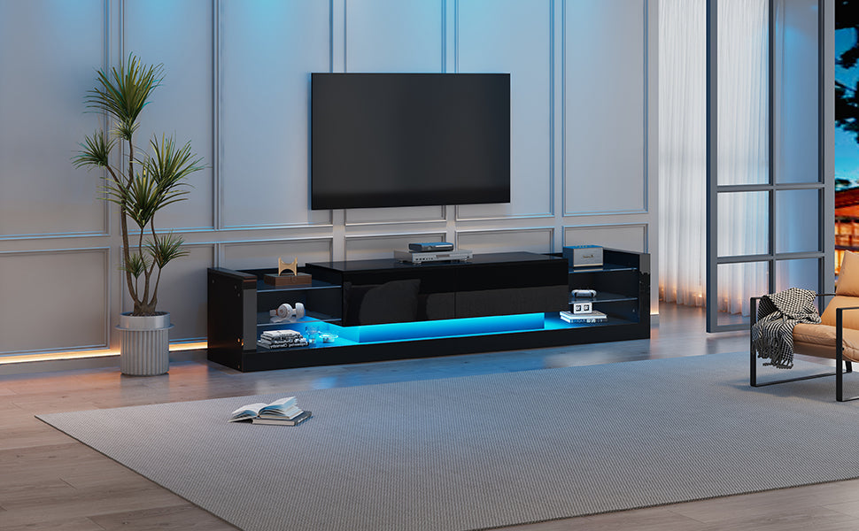 Logidon high-gloss TV cabinet 181 cm LED lighting black glass front