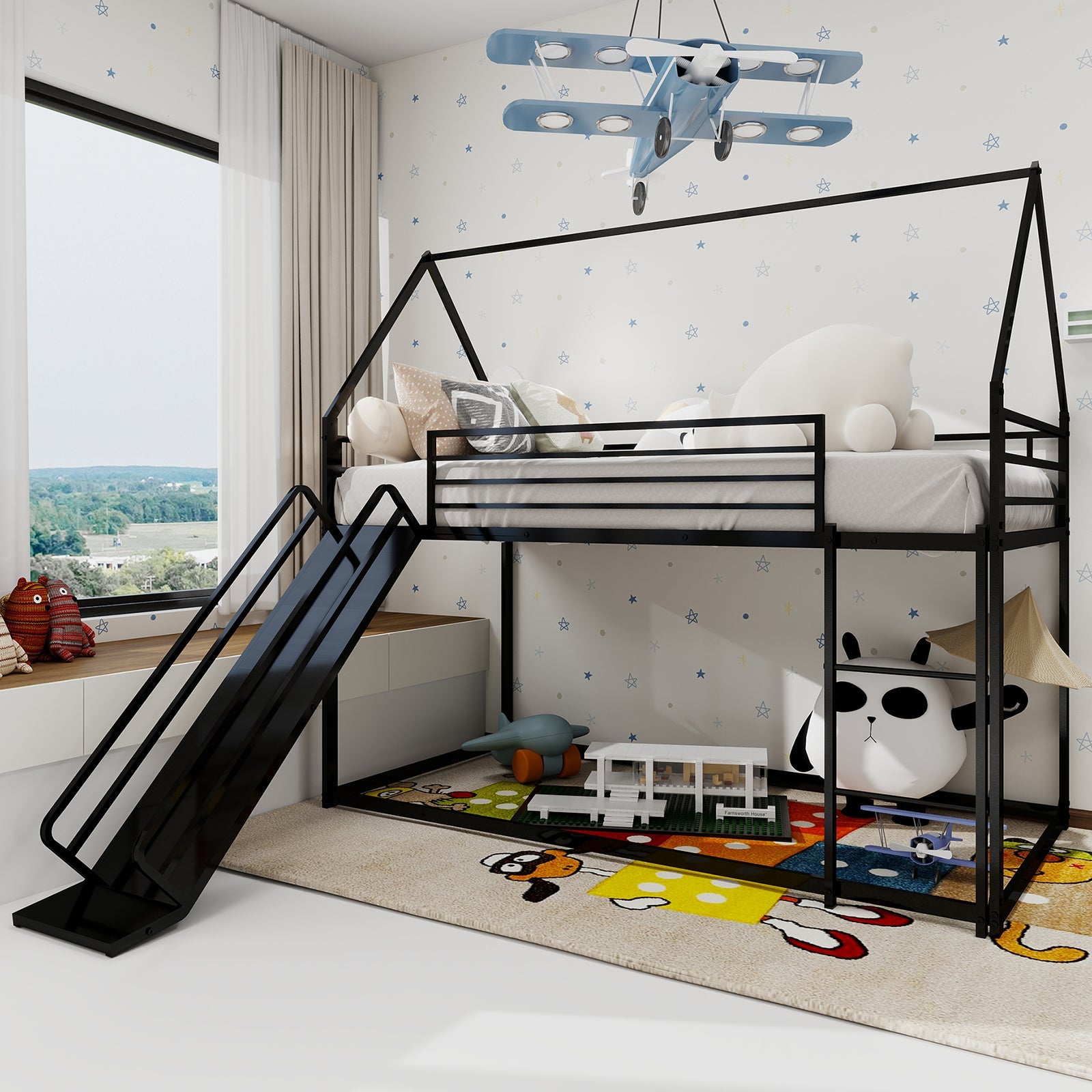 Logidon Twin over stapelbed met glijbaan Zwart