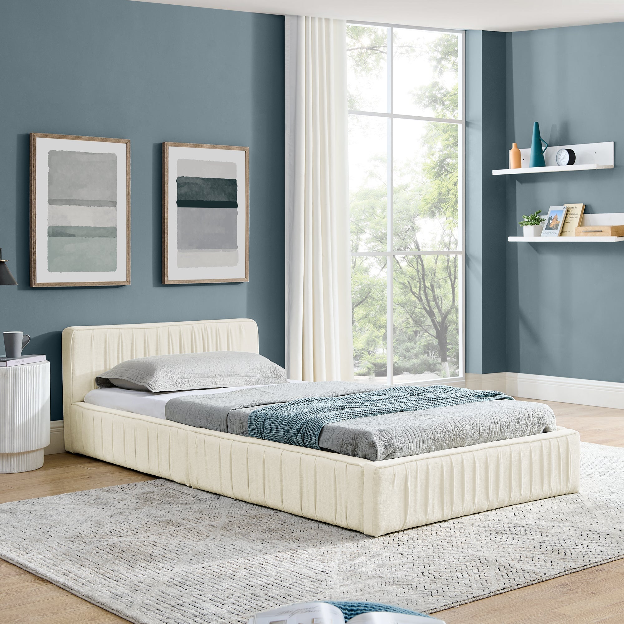 Logidon eenpersoonsbed 90x200cm chenille beige eucalyptushout ijzeren frame