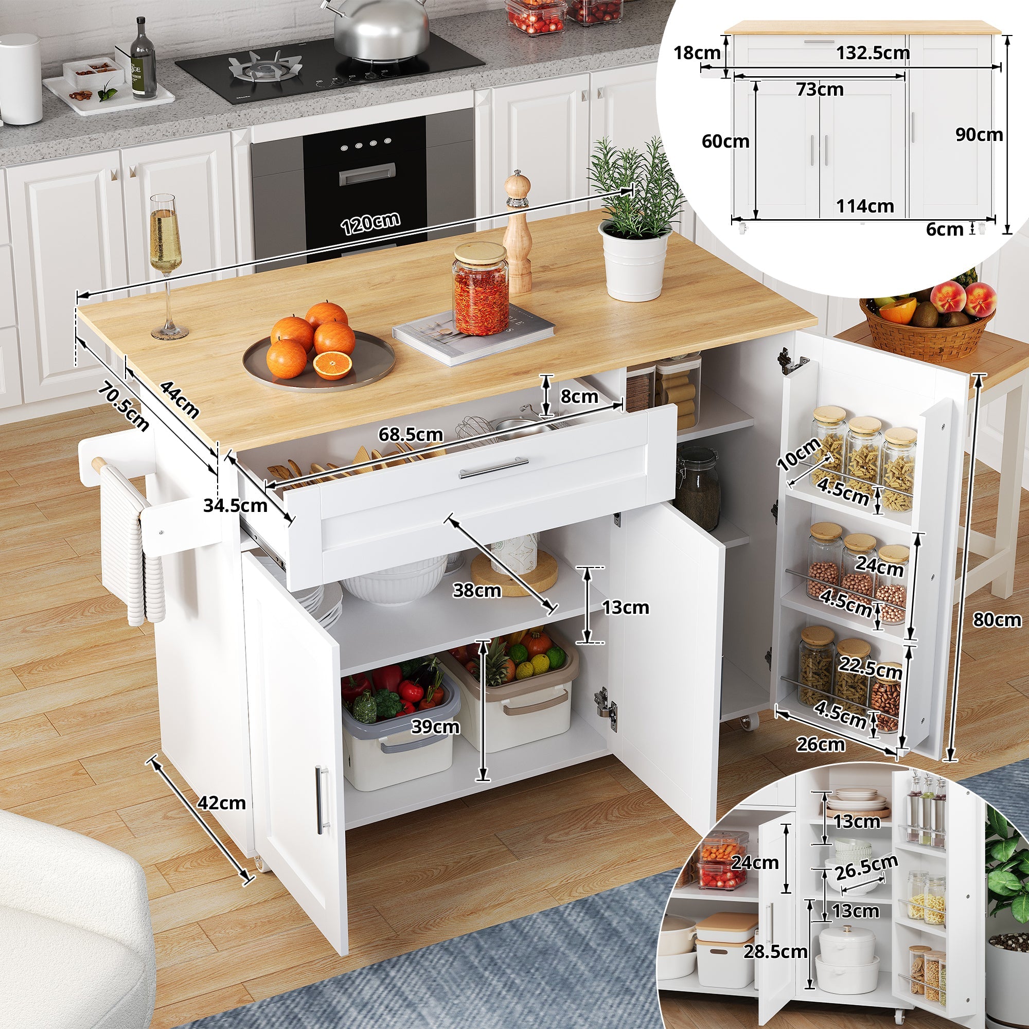 Logidon Mobile Kitchen Table 132.5x70 Cm Oak Grain Folding Top