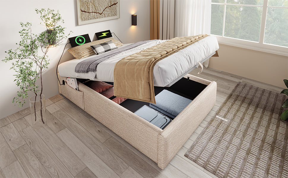 Logidon gestoffeerd bed 90x200 naturel linnen USB C opladen volledige lattenbodem