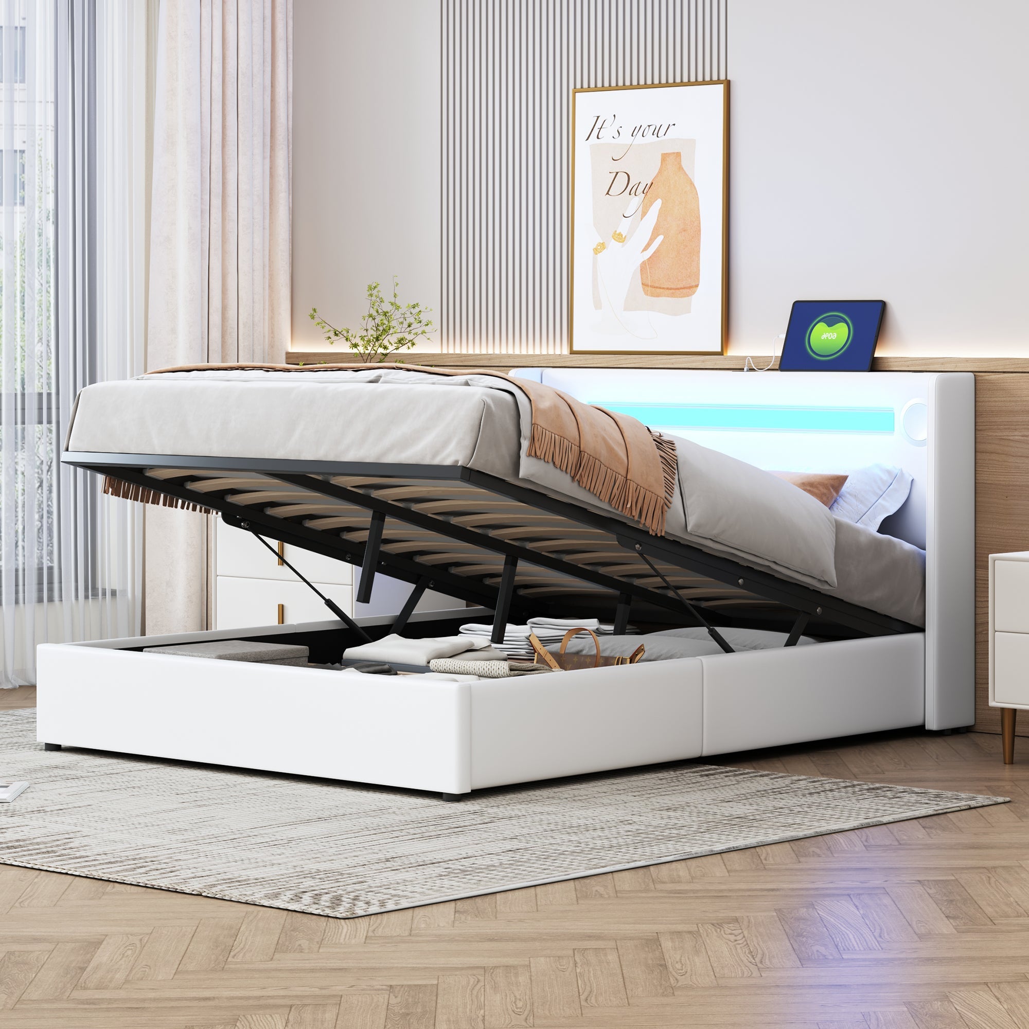 Logidon gestoffeerd bed 140x200 wit LED-licht USB Bluetooth opbergruimte