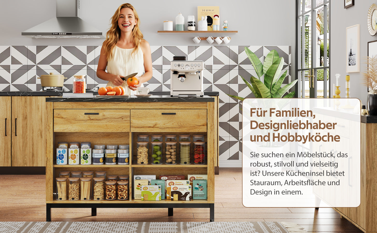 Logidon kitchen island country house style 120x75x90 cm with 2 drawers and 4 shelves