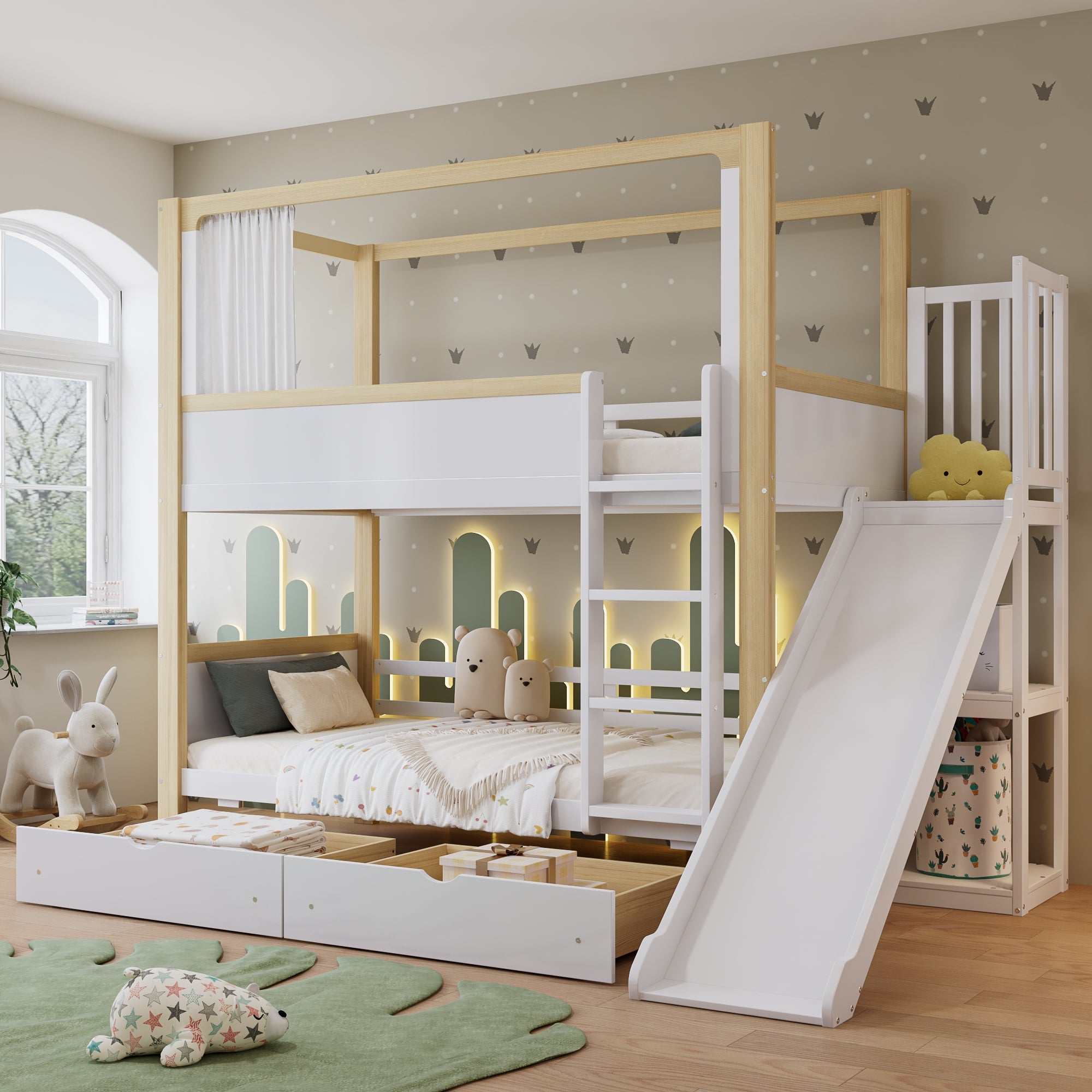 Logidon stapelbed 90x200 wit naturel met glijbaan en lades