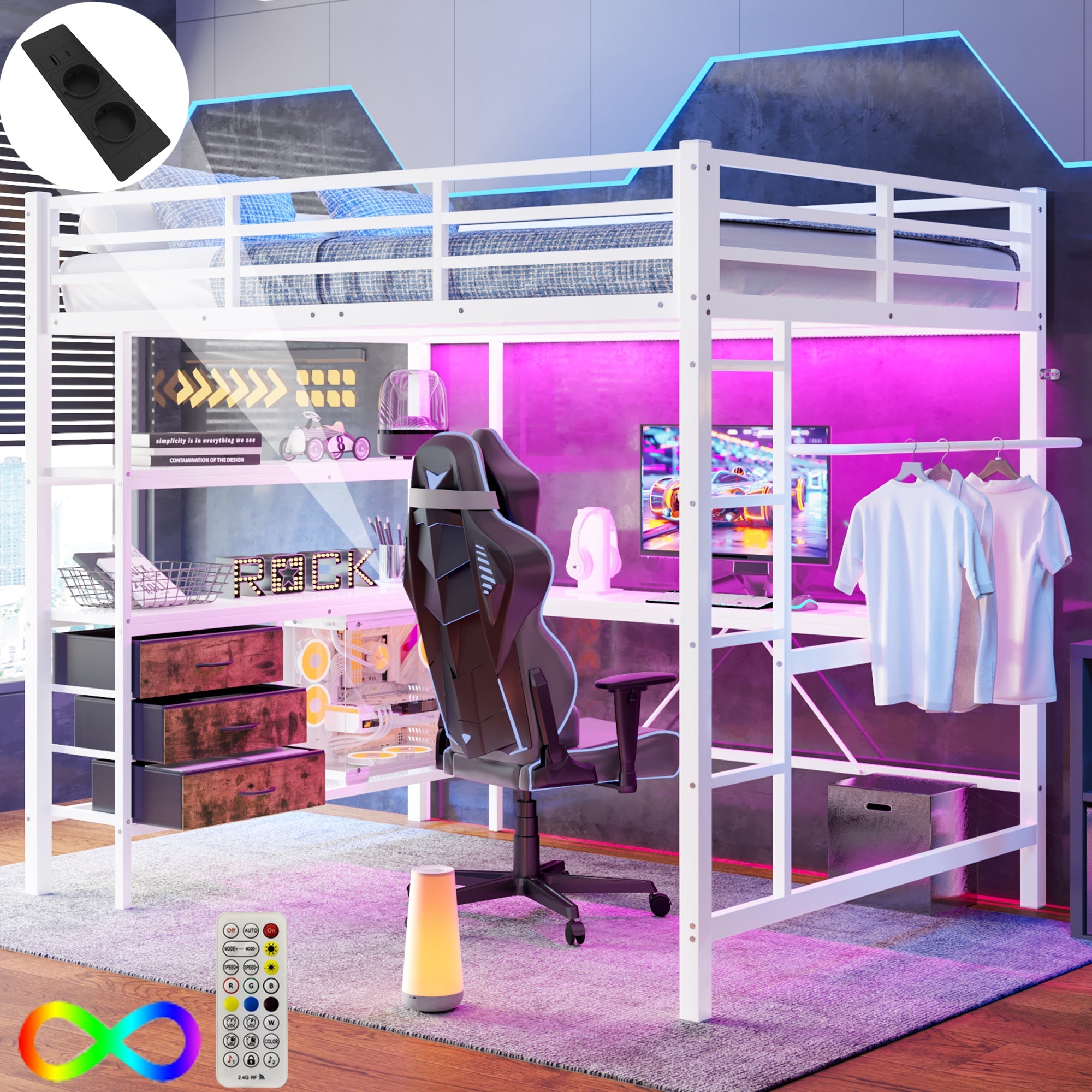 Logidon loft bed 140x200 with LED lighting USB socket 3 drawers
