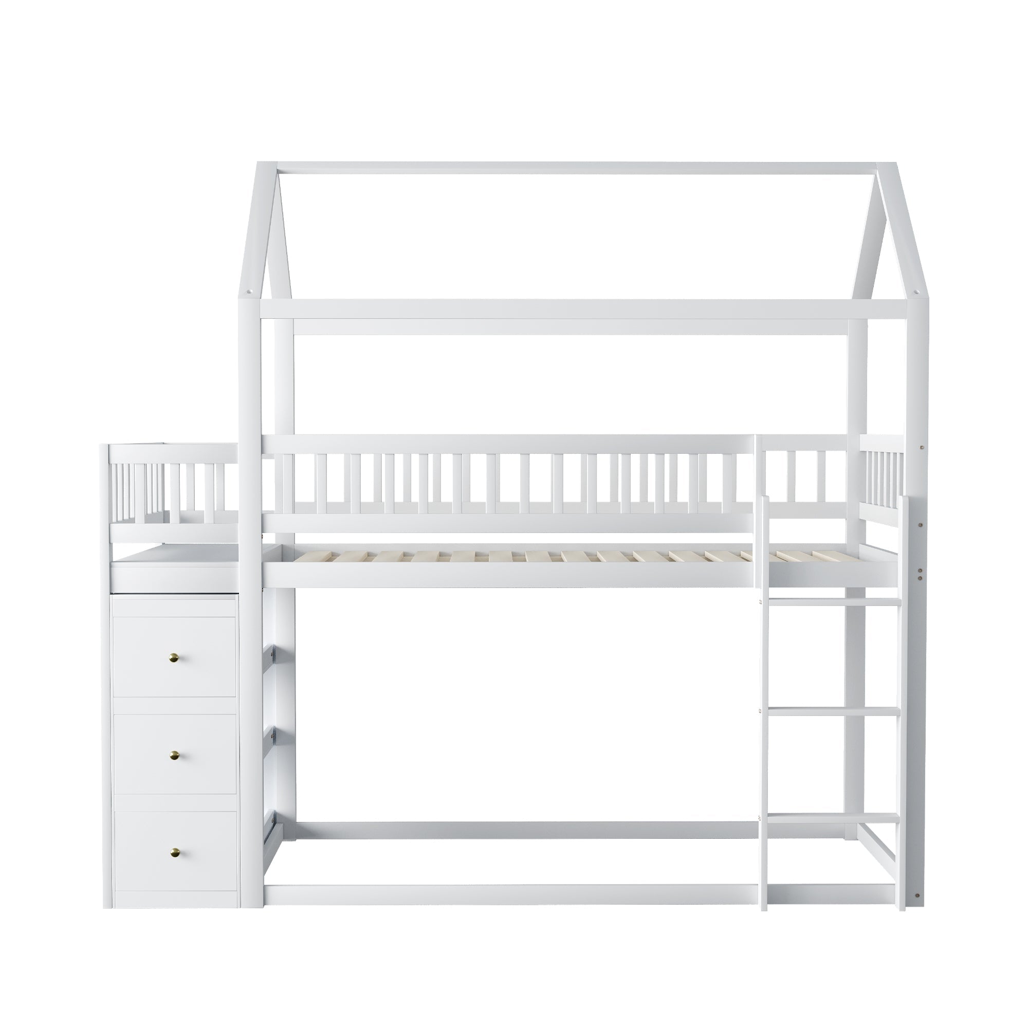 Logidon Bunk Bed 90x200 House Shape White With Security Fence Storage