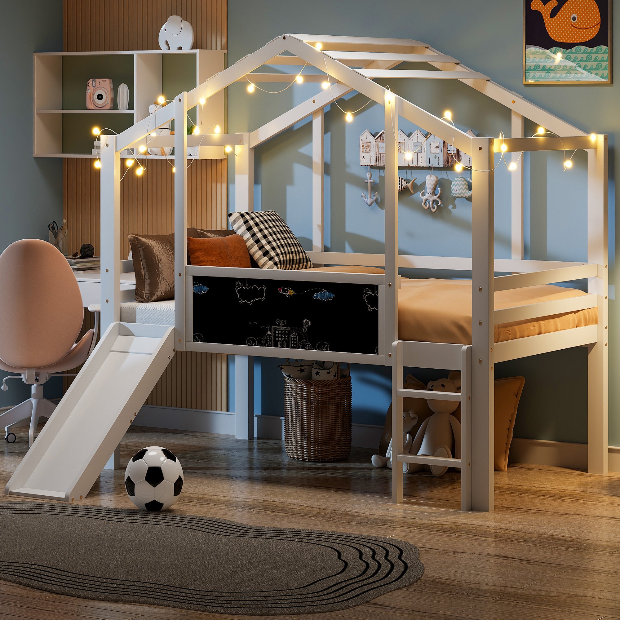 Logidon hoogslaper 90x200 wit met loftdesign en glijbaan