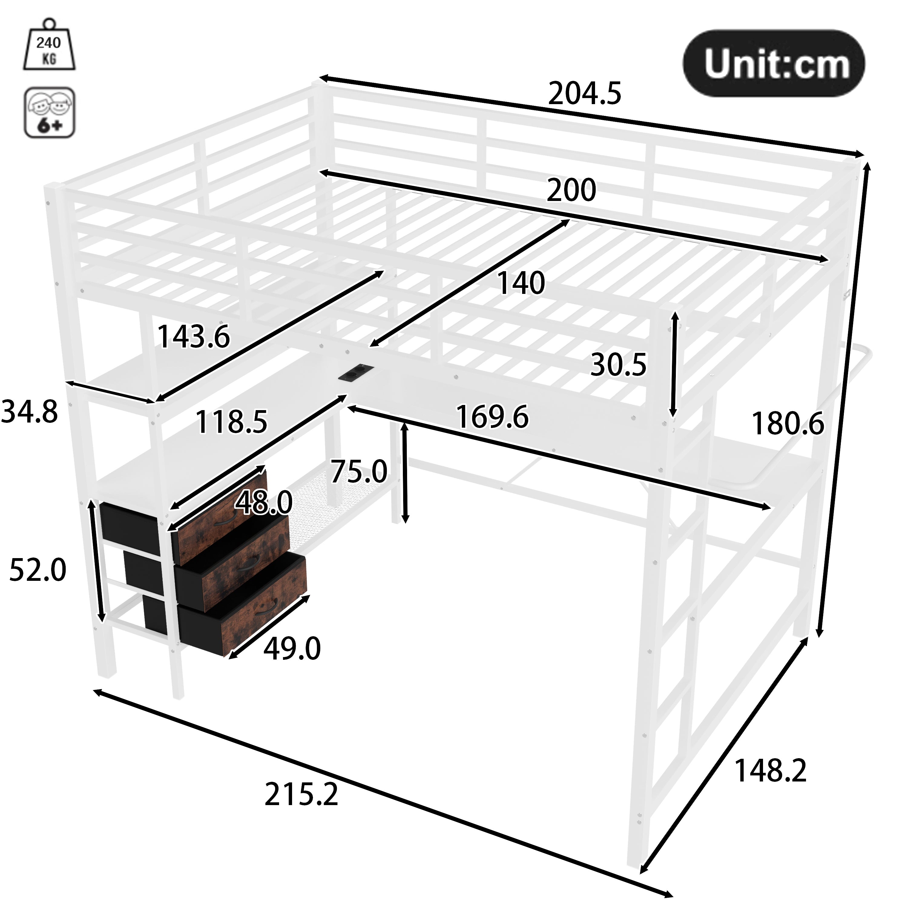 Logidon hoogslaper 140x200 met LED verlichting USB stopcontact 3 lades