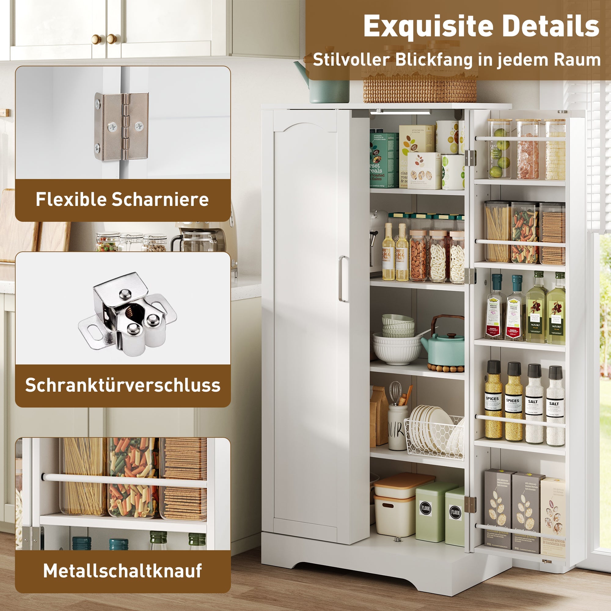 Logidon 60x35x128cm witte keukenkast LED-sensorlicht verstelbare planken